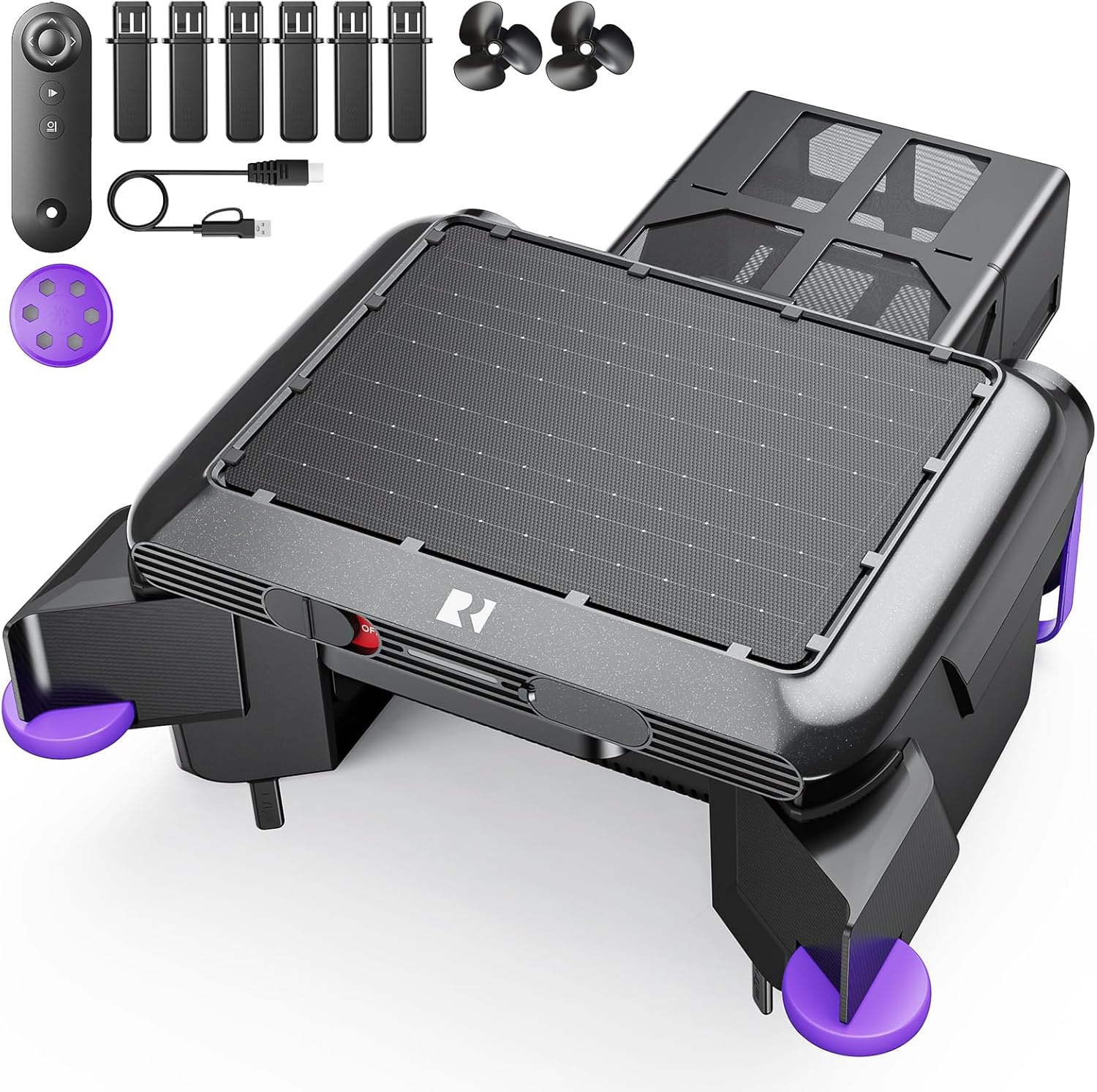 Solar-Powered Robotic Pool Surface Skimmer Cleaner with 24/7 Continuous Cleaning and Re-Engineered Twin Salt Tolerant Motors, Dual Charging,Smart Obstacle Avoidance, 150-um Filtration (Black)