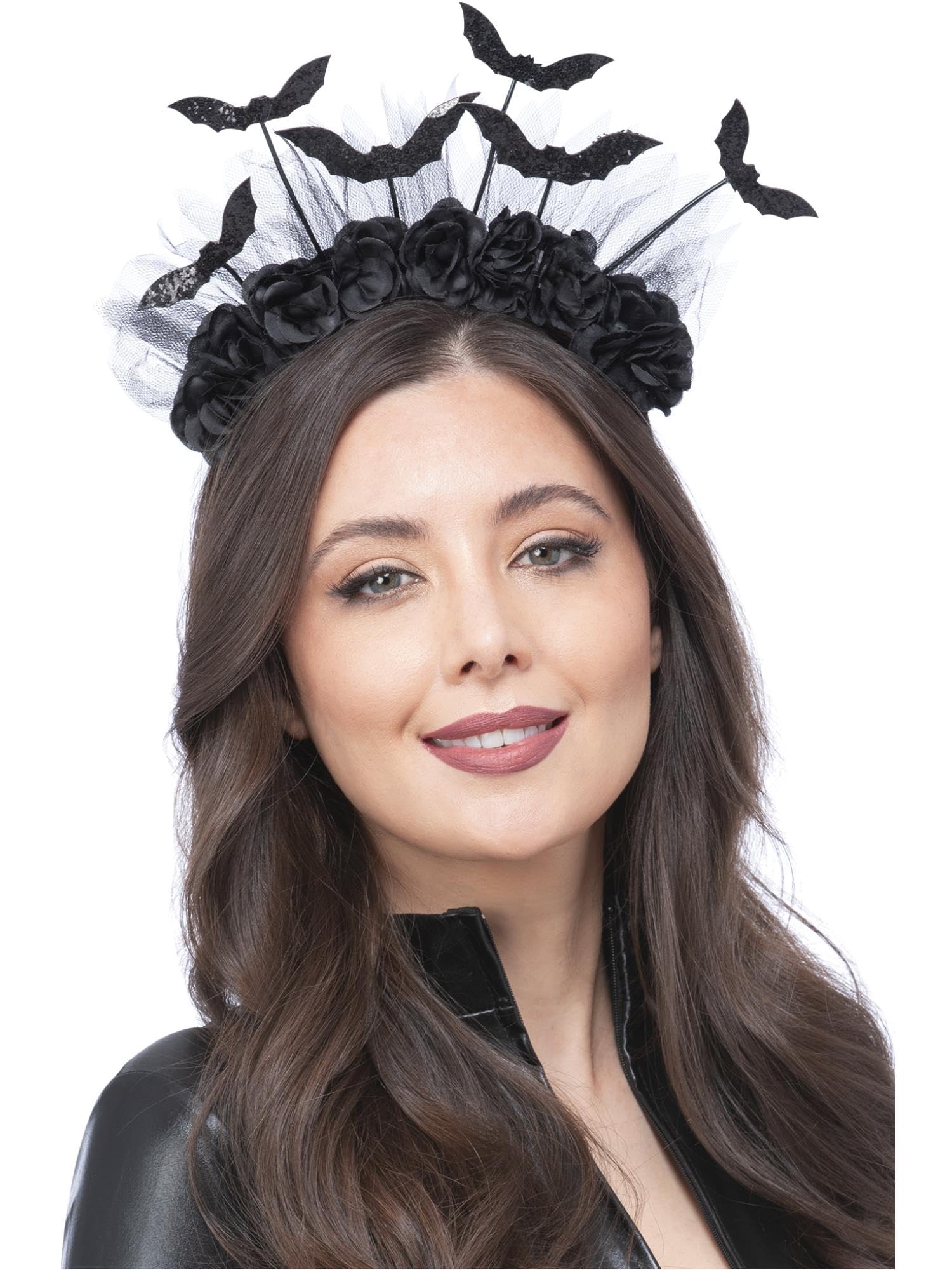 Smiffys Gothic Rose & Bat Bopper Headband, Halloween Fancy Dress Accessory, Gothic Dress Up Hats, Black