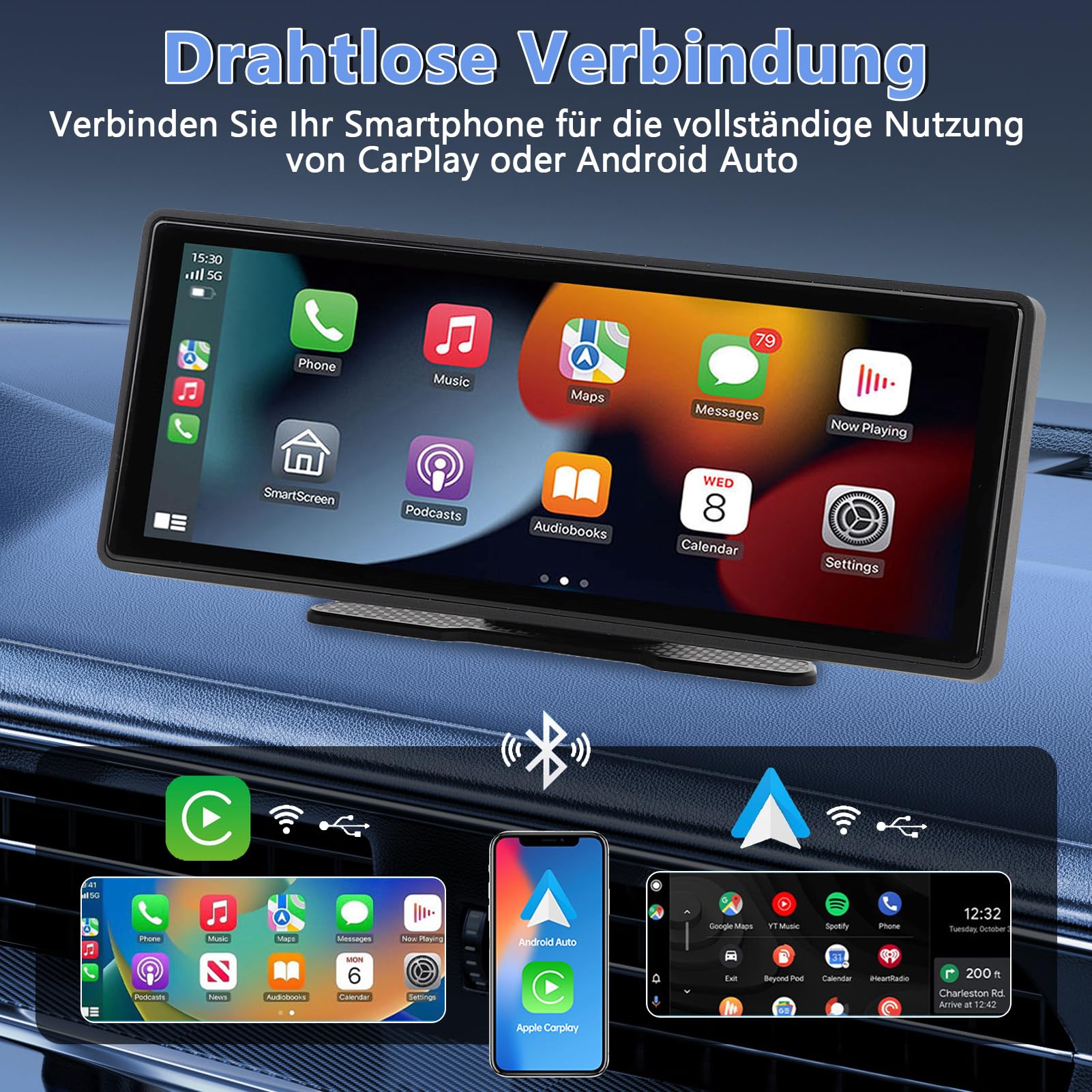 10,26 Zoll IPS Touchscreen Wireless CarPlay & Android Auto, 1080P HD Tragbares Autoradio mit WLAN, Bluetooth, Sprachsteuerung, AUX/FM Übertragung, Navigationssystem für Auto, LKW, Wohnmobil