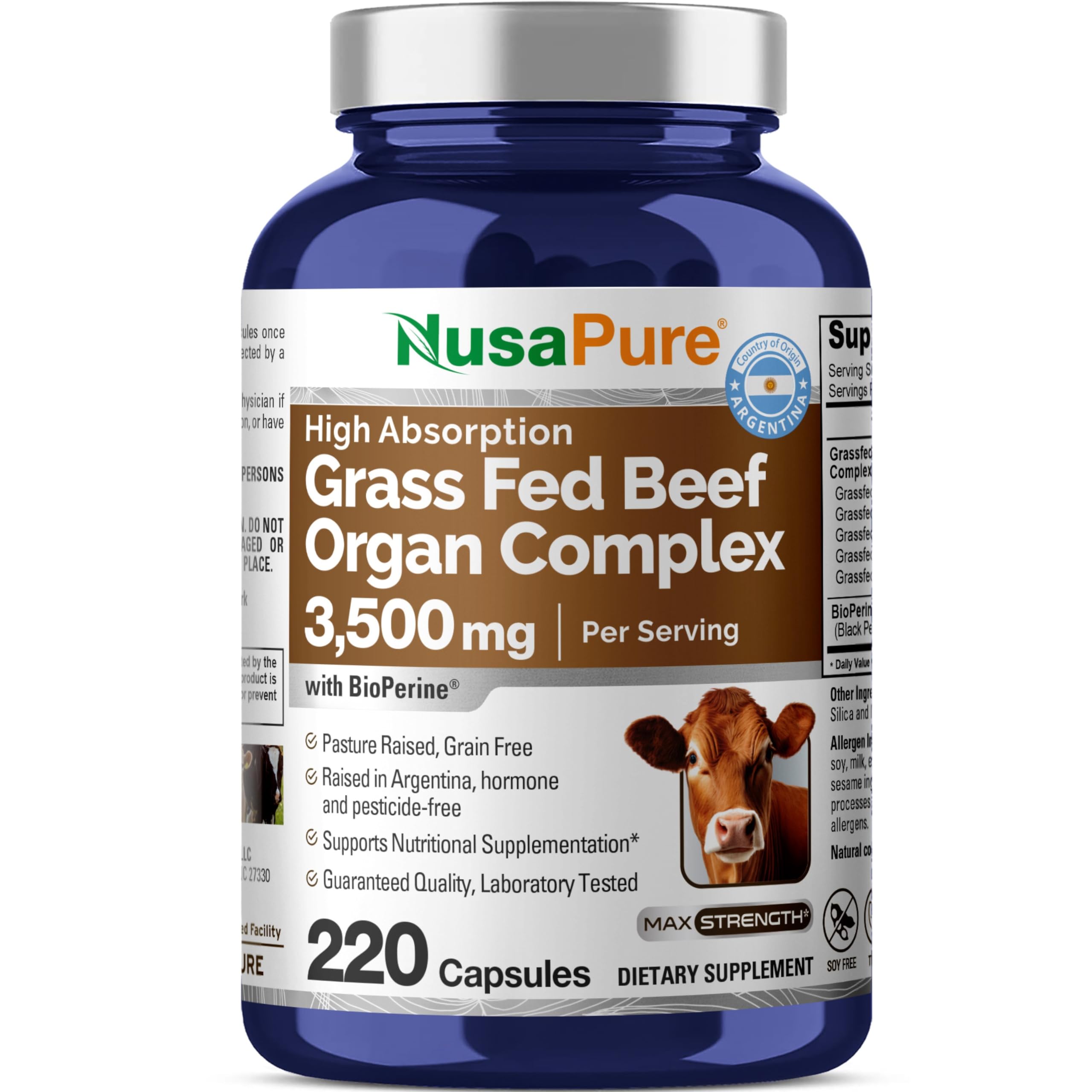 Grass Fed Beef Organ Pasture Raised 3500mg, Soyfree, 220 Caps - 44 Servings
