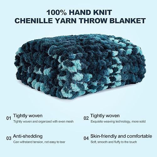 Miniatura 4 de HOMBYS Manta de punto grueso de teñido anudado, 50 x 60 pulgadas, 100% tejida a mano, suave y cálida, manta grande con nudo de cuerda de ganchillo