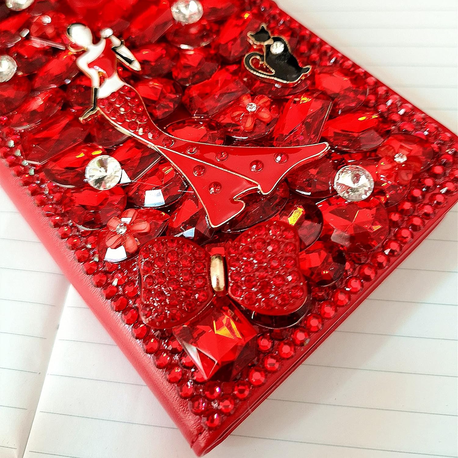 Girly Wallet Case with 2PCS Glass Screen Protector Bling Diamonds Leather Filo Stand Wallet Phone Cover with Lanyards for Women (Red Sexy Lipstick Girl cat,for TCL 30 XE)