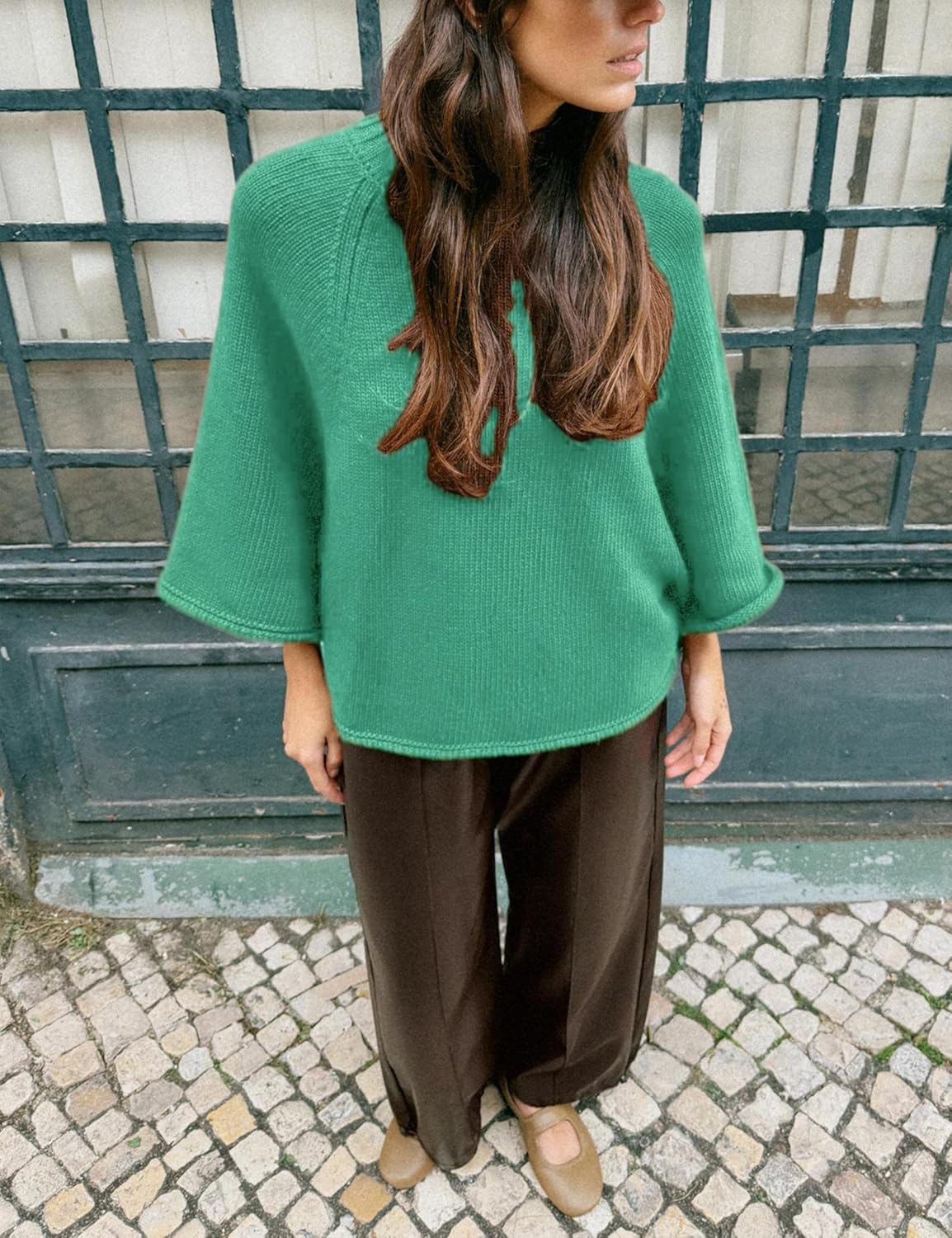 Yeokou Women Oversized Turtleneck Sweater Wide Sleeves Ribbed Knit Jumper Flowy Pullover Tops