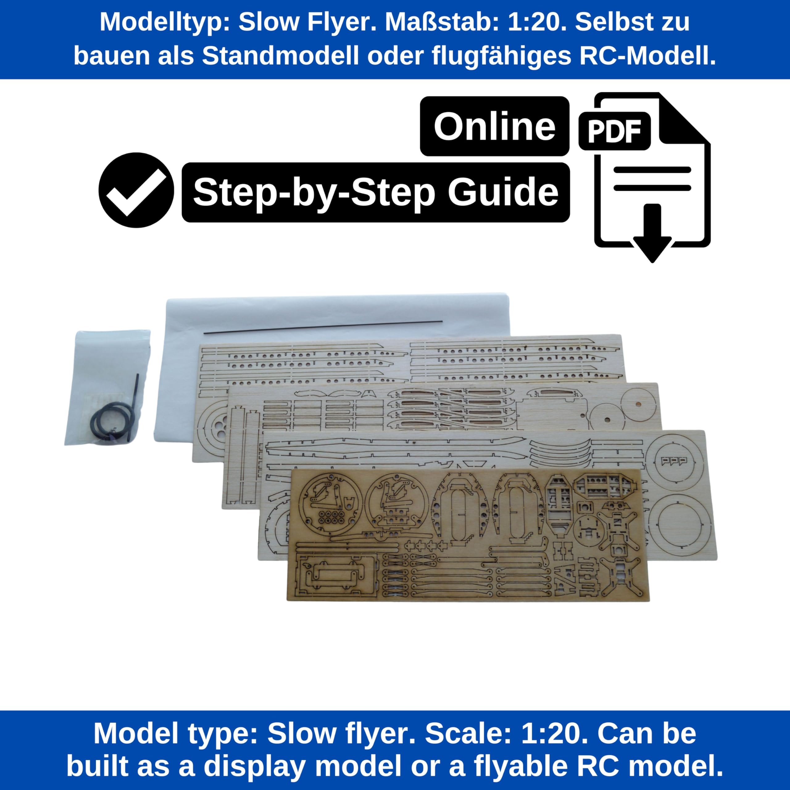 Sopwith Camel Slow Flyer Modellflugzeug Kit, Maßstab 1:20, 380 mm Spannweite, RC Flugzeugmodell Baukasten, Holzflugzeug zum selbst Bauen, gelaserte Balsa Holz Bauteile, 380 x 240 x 128 mm, 45 g RTF