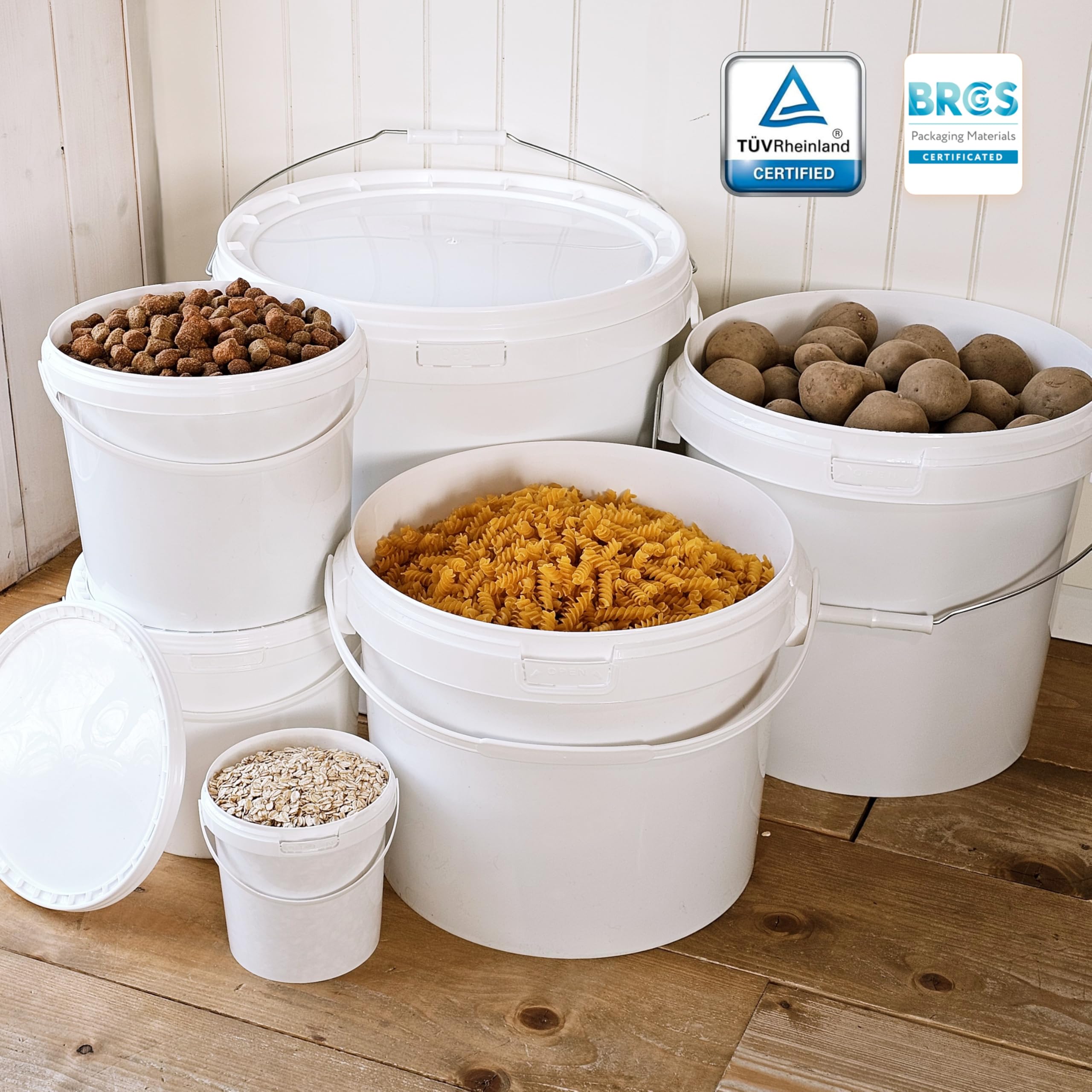 Eimer mit Deckel Weiß 5L – 5 STK. Lebensmittelecht, Luftdicht & Auslaufsicher – Stabiler PP Kunststoffeimer mit Henkel für Lebensmittel, Farbe & Lagerung (5, 5 L)