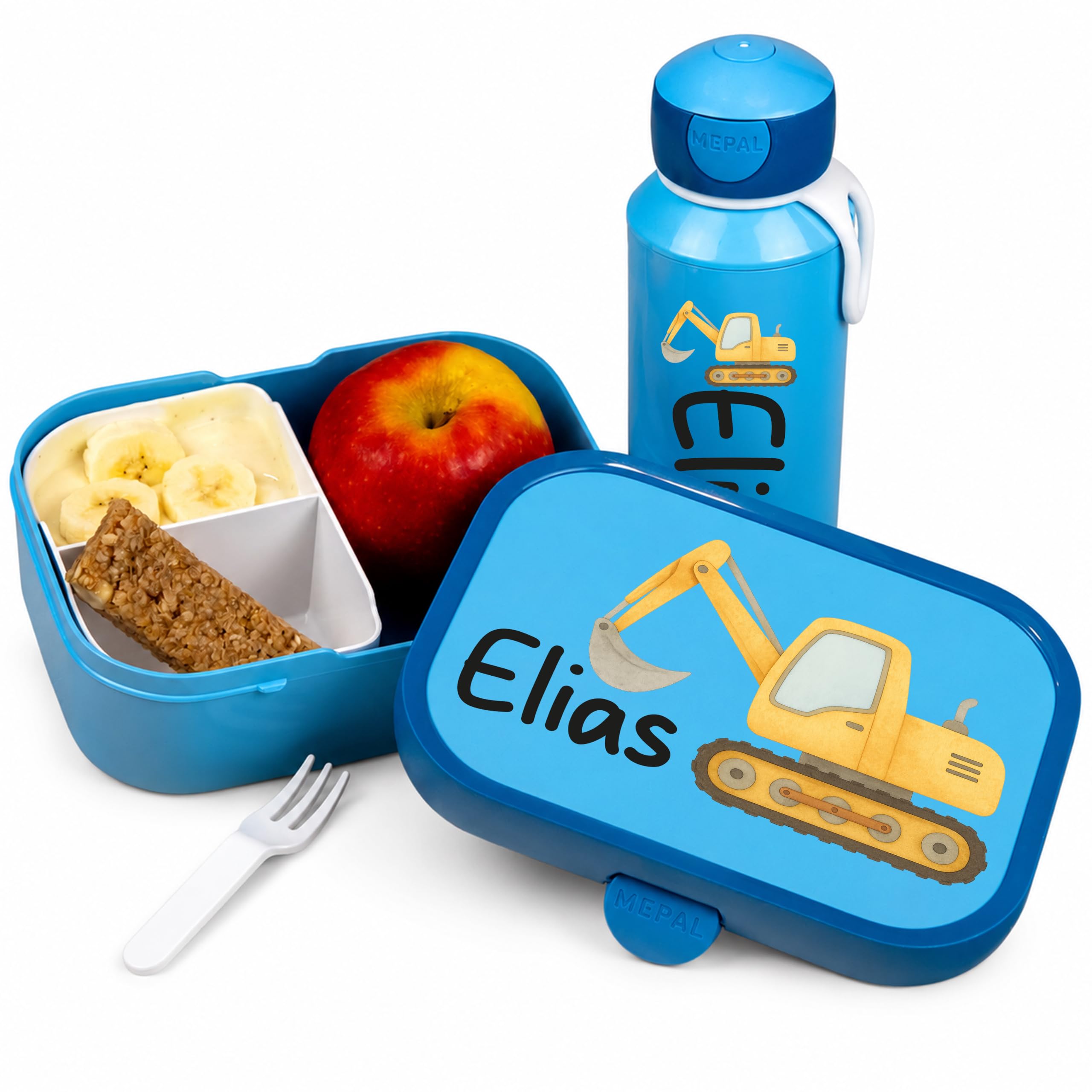 Mepal Brotdose Personalisiert | Süßer Gelber BAgger - Baufahrzeuge | Lunchbox Trinkflasche Lunchpot Personalisiert Mini Müslibecher Geschenk Einschulung Kitastart Kindergarten Schule Flasche