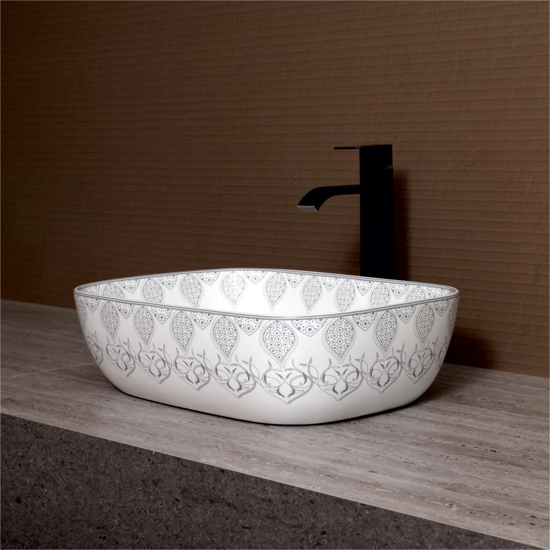 Archstone Wash Basin for Bathroom - 1 Year Warranty -Tabletop Washbasin - Ceramic Glossy Rectangle Designer Moroccan Countertop Vessel Sink, Dining Hall & Vanity 33x45x14.5 cm (Grey Moroccan) 1