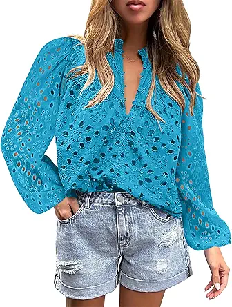 BETTE BOUTIK Women's Long Short Sleeve Tops 2025 Dressy Casual Button Hollow Out Lace Embroidered Blouses Shirts