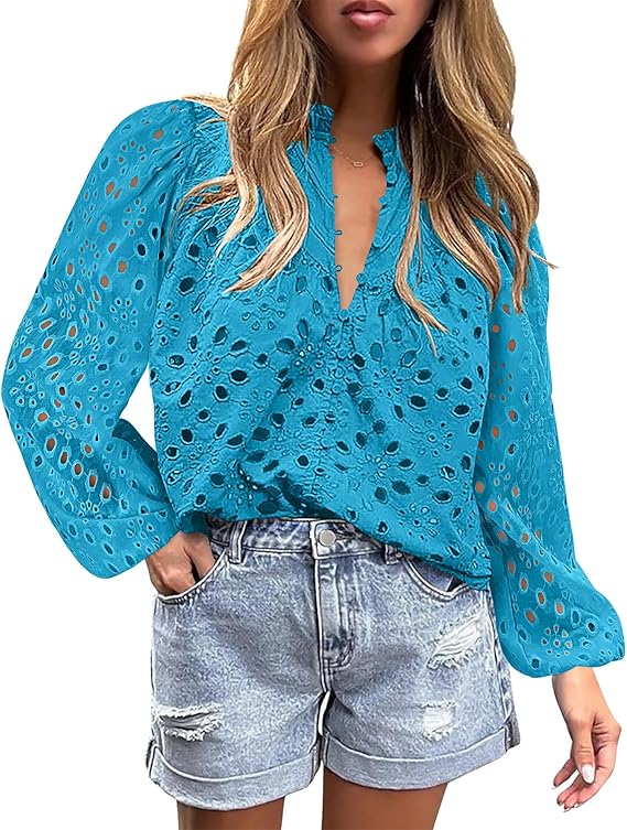 BETTE BOUTIK Women's Long Short Sleeve Tops 2025 Dressy Casual Button Hollow Out Lace Embroidered Blouses Shirts