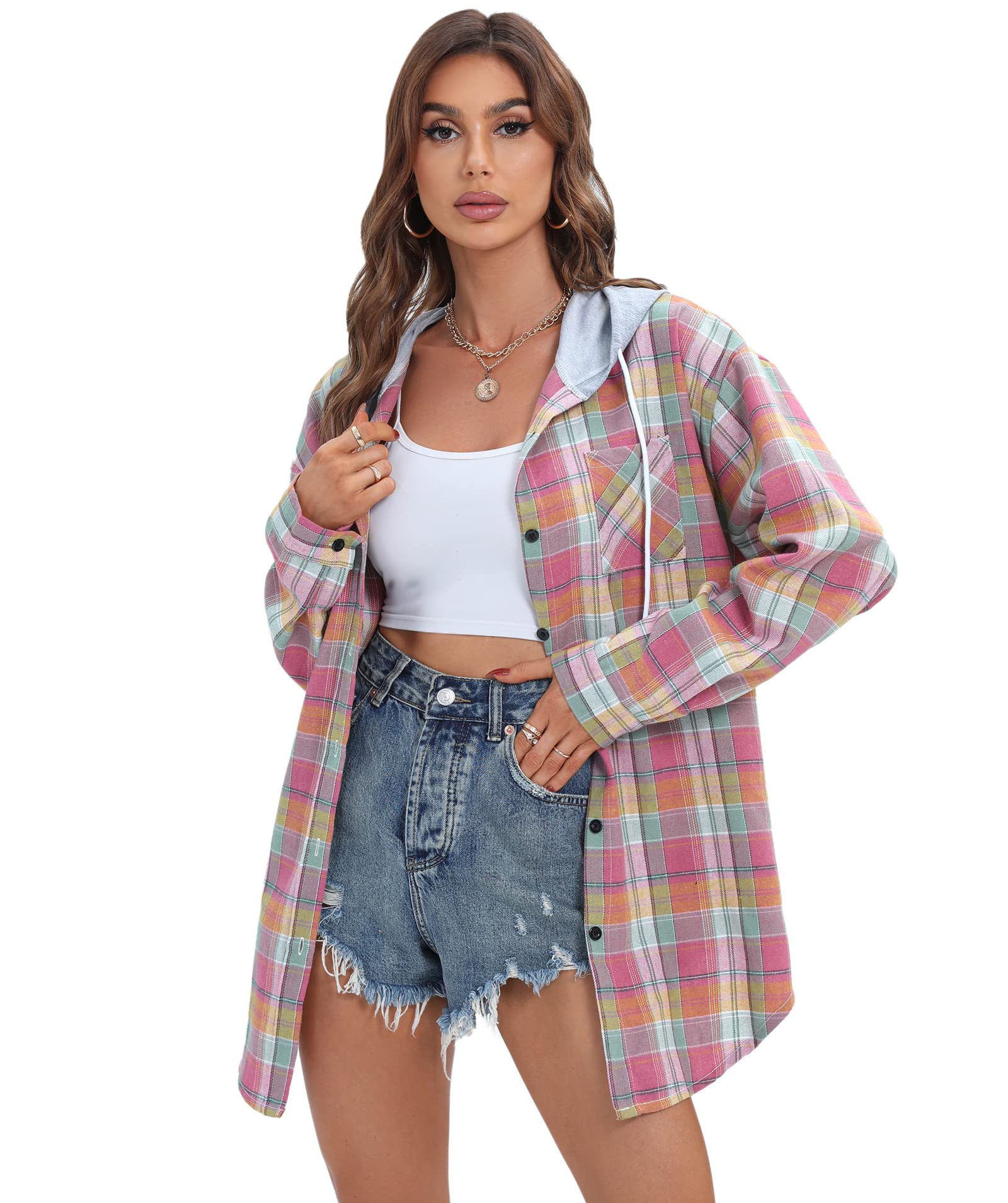 Camicie da donna oversize in flanella con cappuccio a maniche lunghe button down fidanzato a quadri