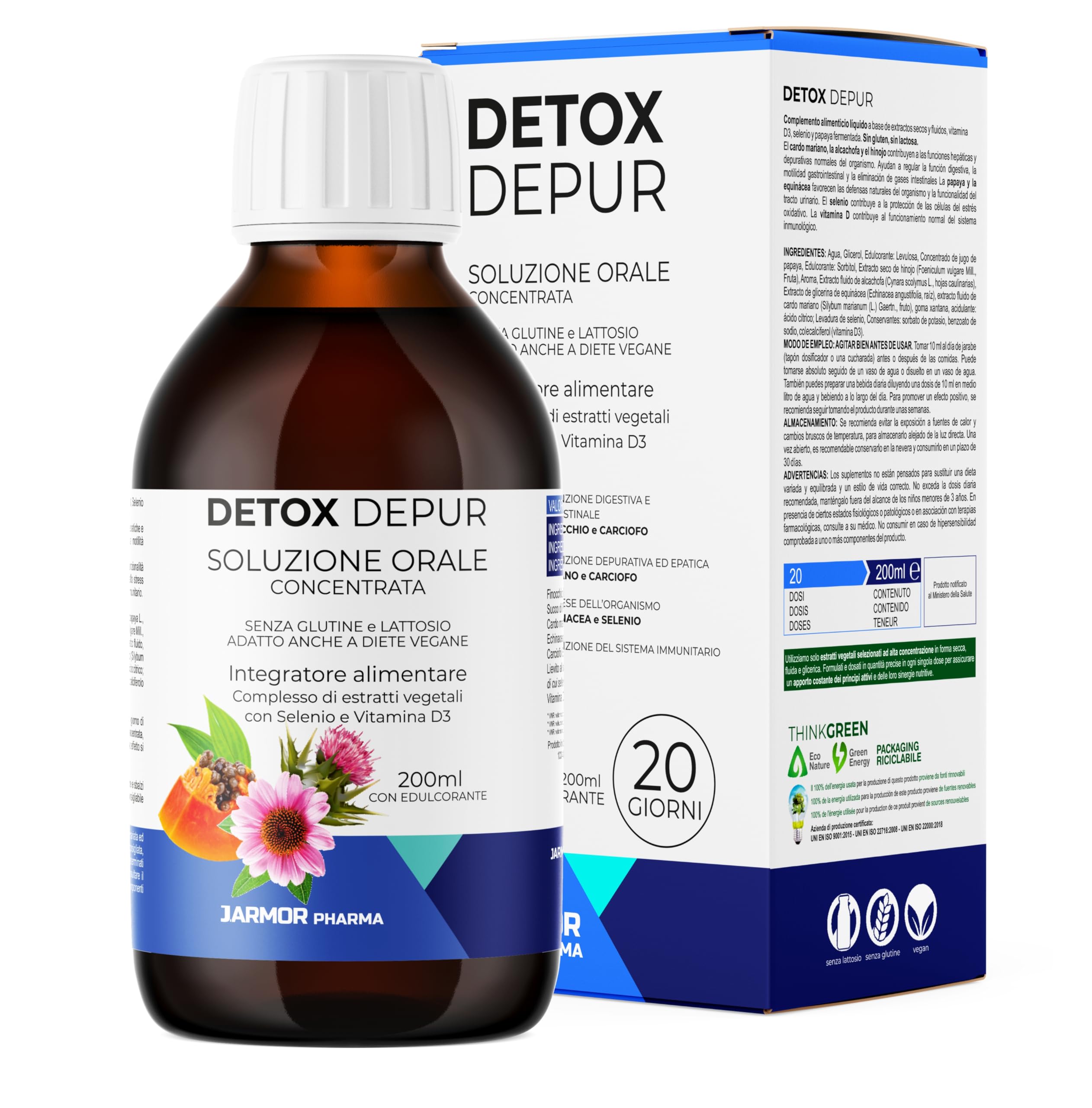 Detox Fegato e Intestino Depur Liquido 200 ml Drenante Naturale con Cardo Mariano Carciofo Finocchio Echinacea Papaia Selenio Vitamina D3 per Pancia Sgonfia Made in Italy