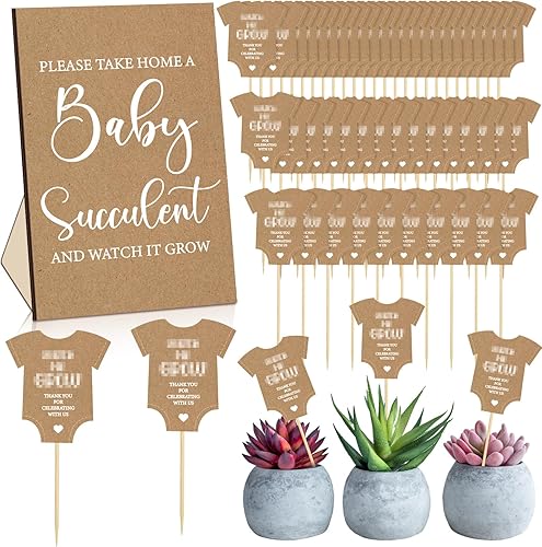 51 etiquetas de suculentas Watch Me Grow para baby shower, incluye 1 letrero de mesa de madera, 50 juegos de etiquetas de recuerdo para suculentas,