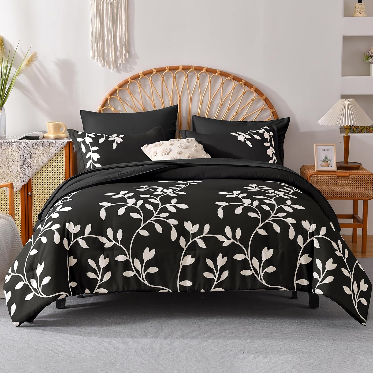 Queen Size Comforter Set - 7 Piece Floral Botanical on Black Queen Comforter Sets with Sheets and Pillows, Soft Lightweight Microfiber Bedding Set for All Season(90"X90")