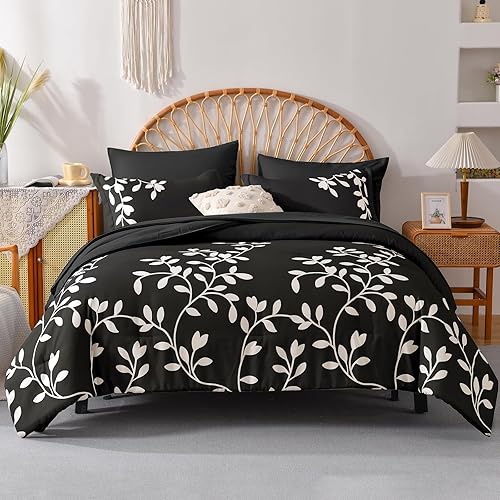 Miniatura 2 de Juego de edredón tamaño Queen - Juego de 7 piezas con diseño floral botánico sobre negro, juegos de edredón Queen con sábanas y almohadas, juego de