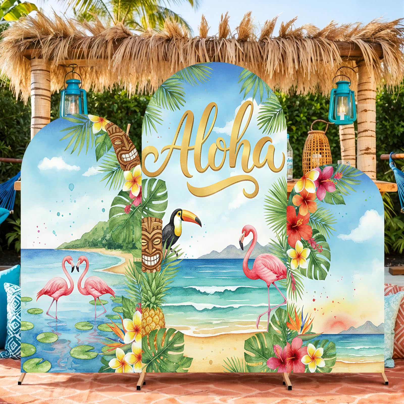 Photo 1 of Chunful 3 Pcs Aloha Party Decoration Arch Backdrop Cover Hawaii Holiday Beach Seaside Decor Photo Background 2-Sided Round Top Cute Backdrop Arch Cover for Summer Party Supplies 6 ft/5 ft/4 ft