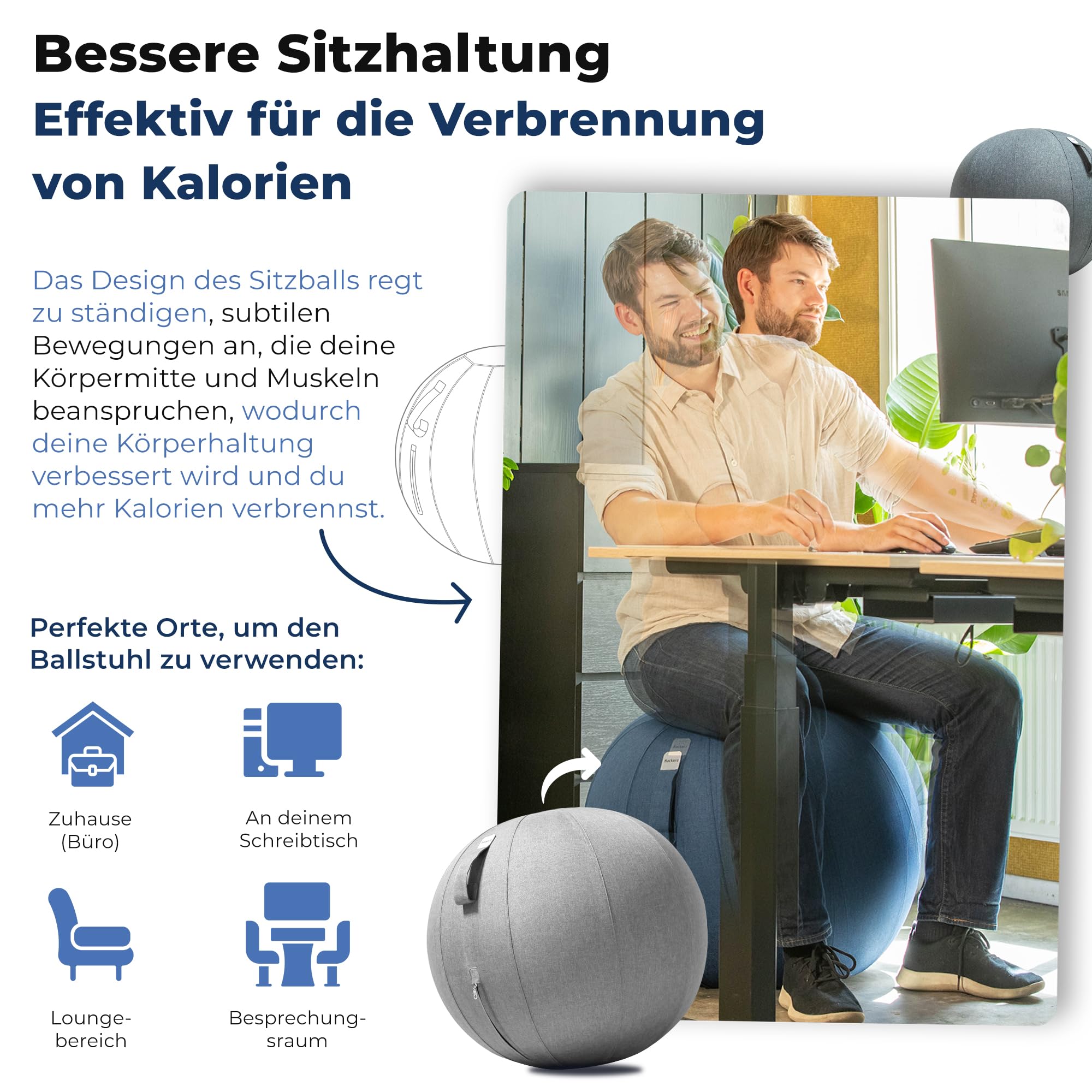 Backerz Sitzball Büro Ergonomisch 75 cm, Ergonomische Sitzmöbel für Büro und Heimbüro, Langlebiger Stoff, Gymnastikball - Fitness-Ball, Ballstuhl mit Ballauflage - Waschbarer Leinenbezug - Hellgrau