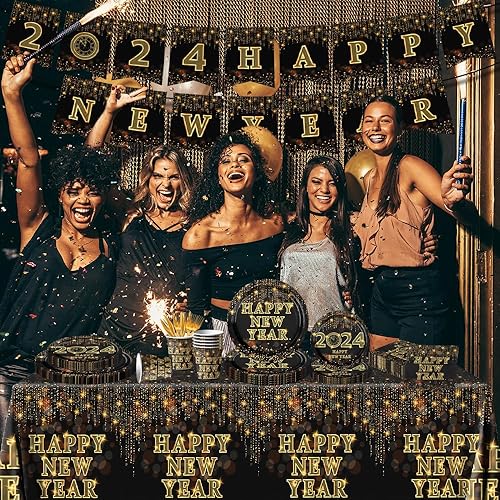 Miniatura 2 de Vajilla para decoración de fiesta de Año Nuevo, 142 piezas de platos desechables dorados y negros de Feliz Año Nuevo 2024, platos, tazas,