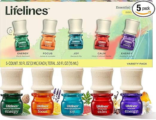 Lifelines Essential Oil Blends, 5-Pack Discovery Set - Blended Essential Oils with Precision Pump for Aromatherapy Diffusers - Long-Lasting Scented Fragrance - Joy, Calm, Focus & Energy Blends