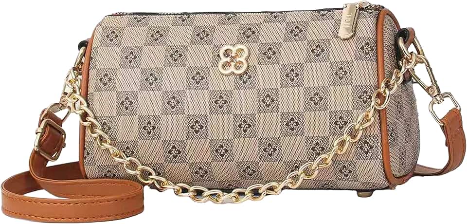 Bolsa Crossbody Feminina em Couro Sintético com Alça Dupla - Bolsa Redonda Moderna Estampa Geométrica para Dia a Dia, Trabalho e Festas (Cadeia Metal + Alça Ajustável)