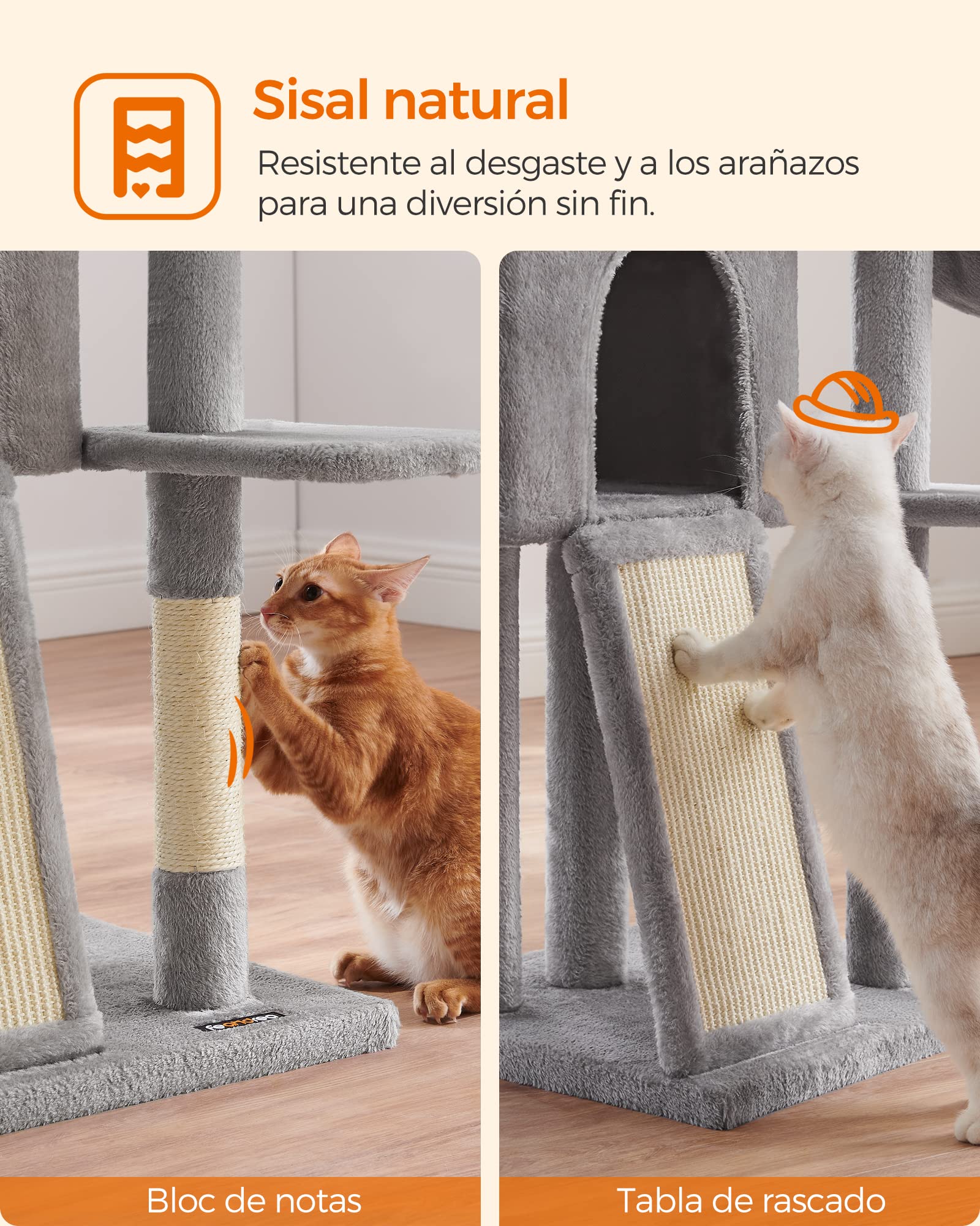 FEANDREA Árbol para Gatos Pequeños, 135 cm, Condominio para Gatos de Felpa de Varios Niveles, con Cubierta de Plataforma Extraíble y Lavable, Rascador, Cesta, Cueva, Gris Claro