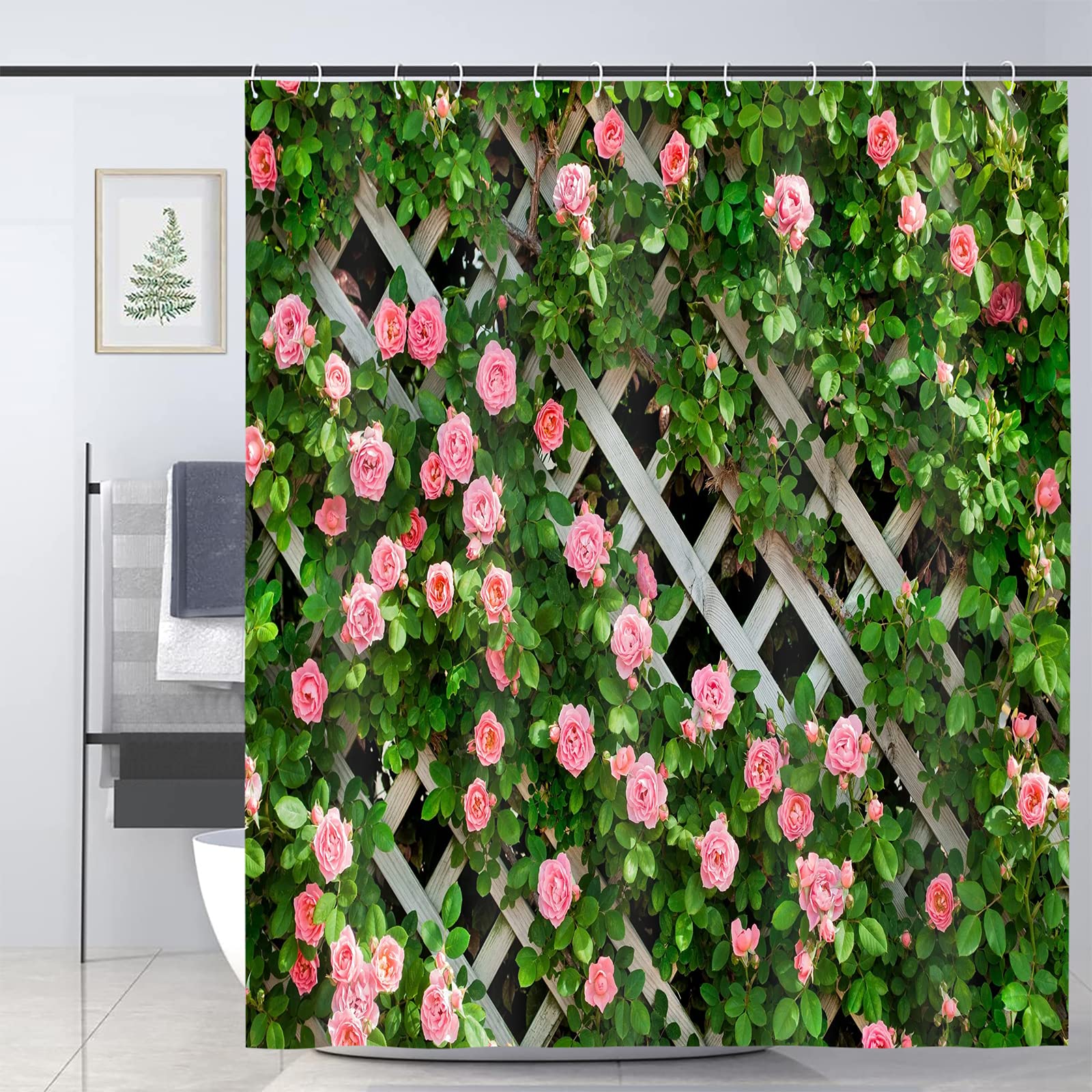 JOOCAR Garden Shower Curtain, Rustic Decor Rosemary Roses Flower on Fence - Image 4