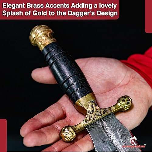 Miniatura 6 de Armory Replicas Daga ceremonial vikinga medieval forjada a mano de acero de Damasco Guardia de latón, funda de cuero genuino Patrones únicos, hoja