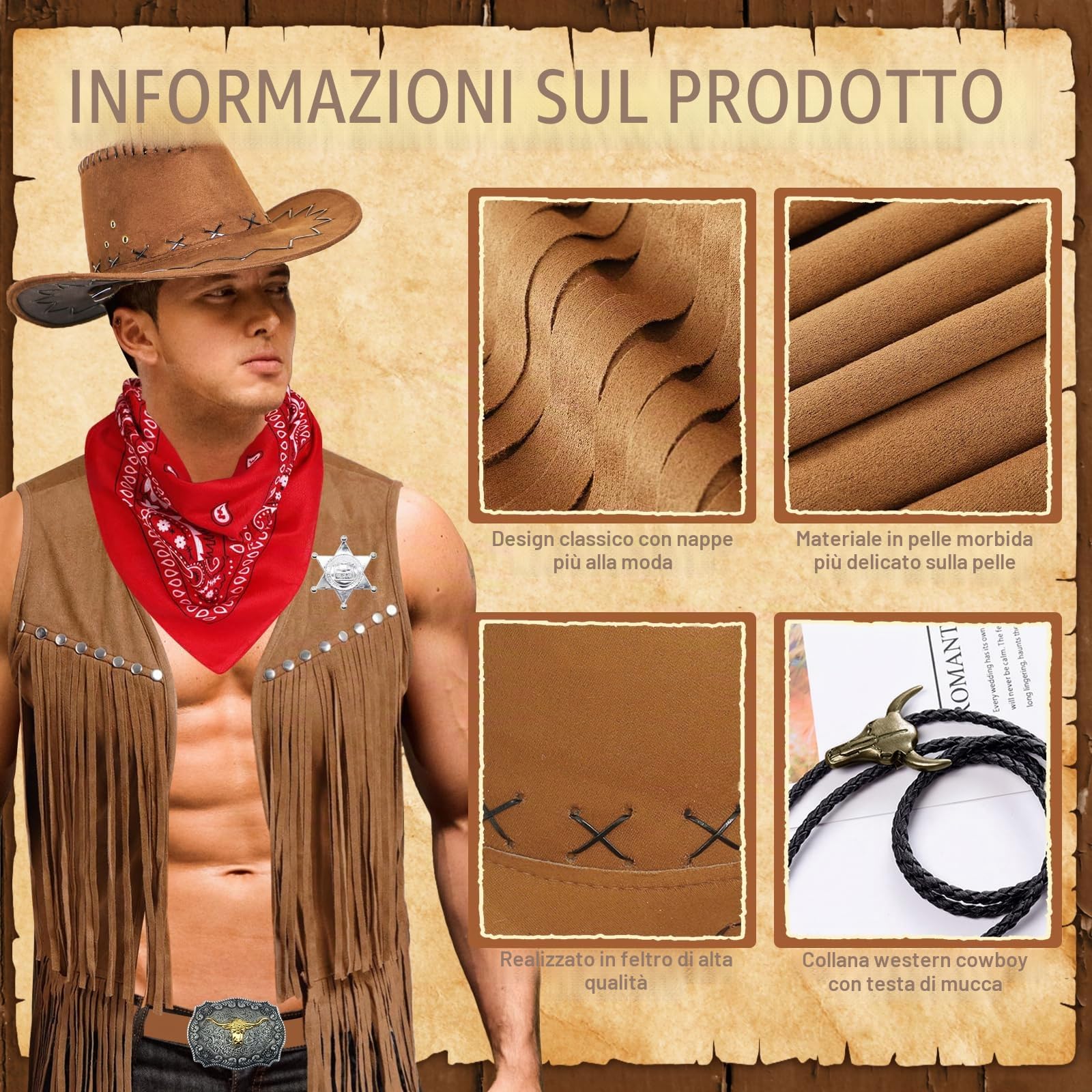Set di 9 accessori per costume da cowboy da uomo, per cowboy occidentale, per cosplay, con cappello, giubbotto nappa bandana fondina cintura bolo, fibbia cravatta collana sceriffo distintivo per