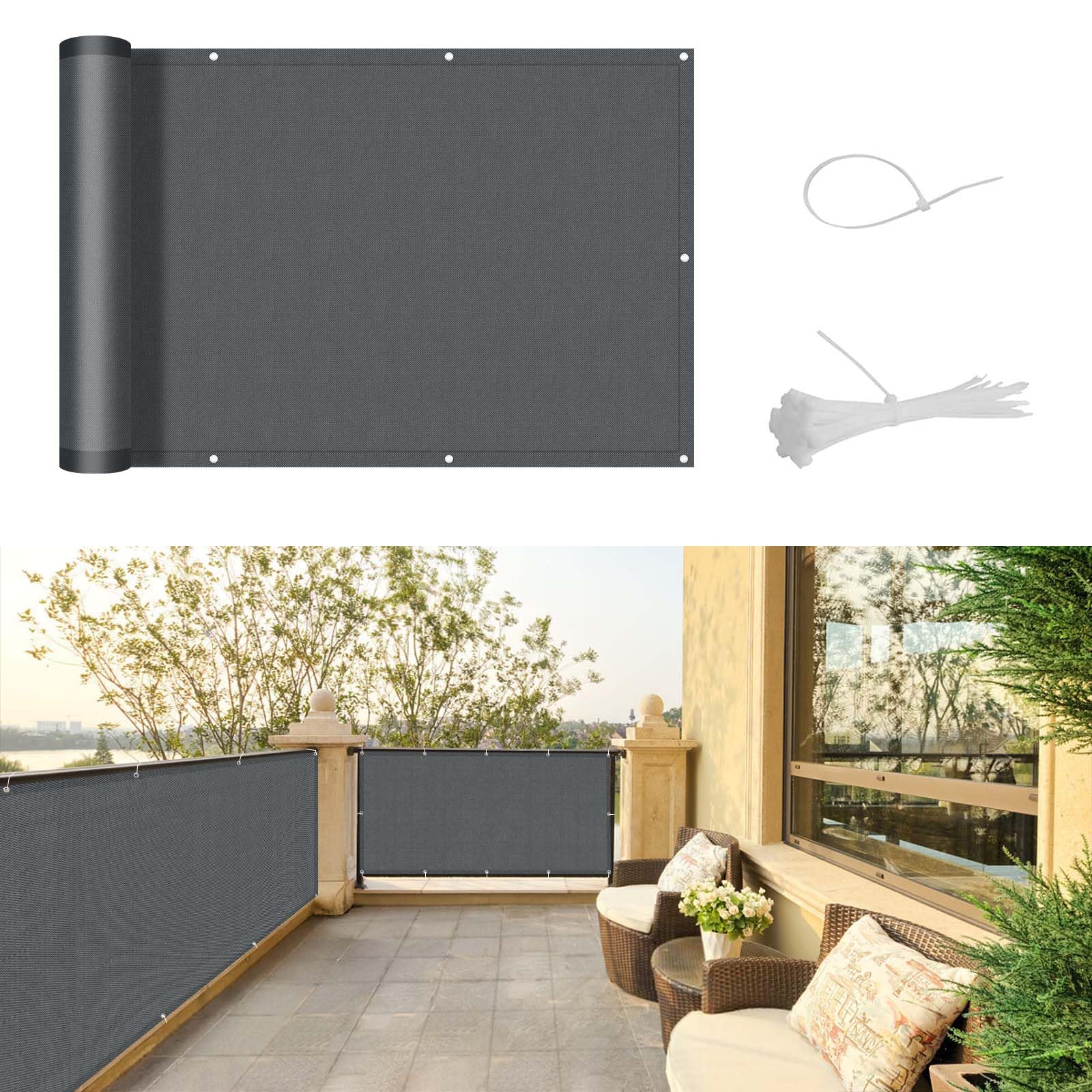 SUNLAX 33x197 Black Balcony Privacy Screen Fence Windscreen Cover Fabric Shade