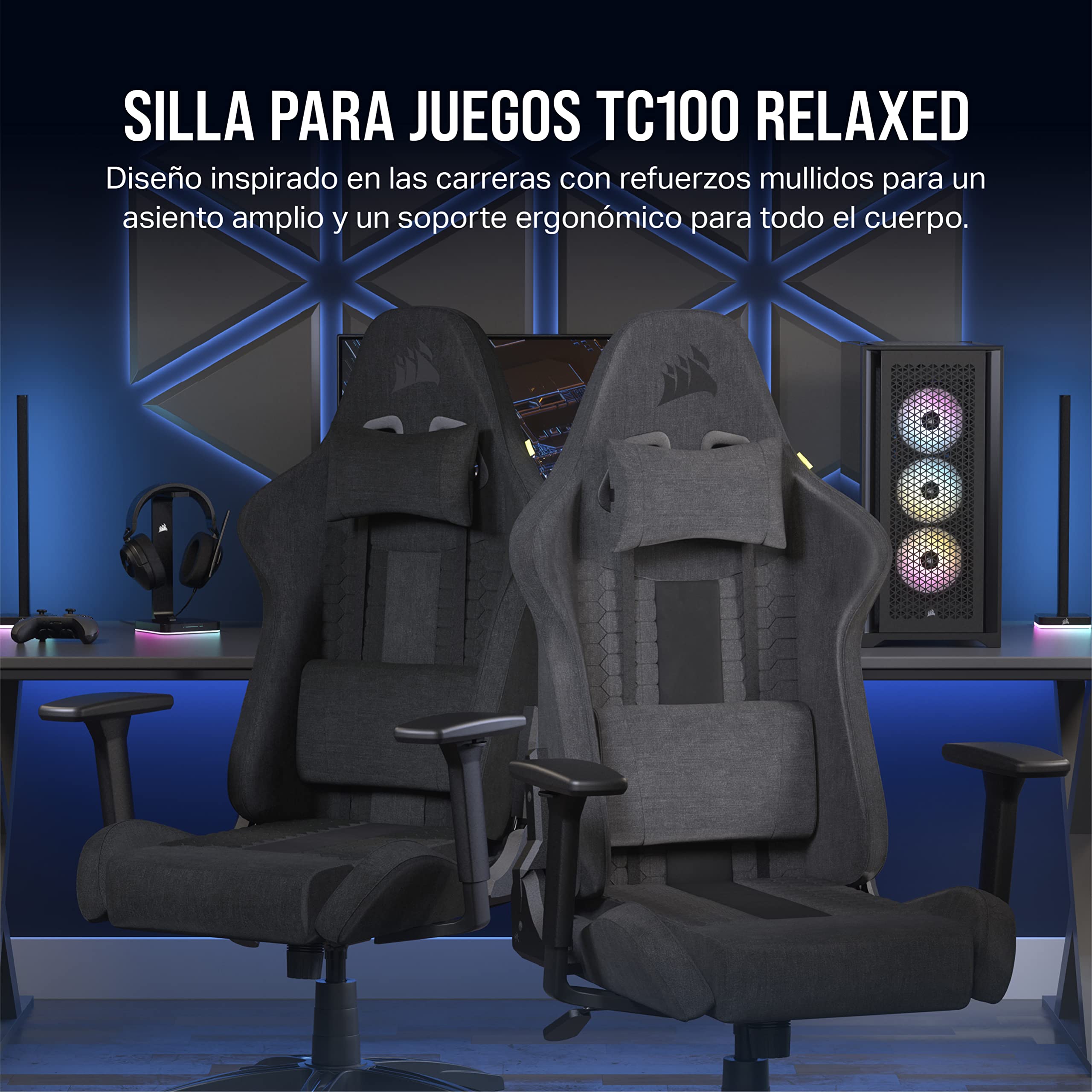 Corsair TC100 Relaxed Silla para Juegos - Negro | Fabric, Diseño Inspirado en Las Carreras, Cojín lumbar, Almohada Cervical Extraíble de Espuma Viscoelástica