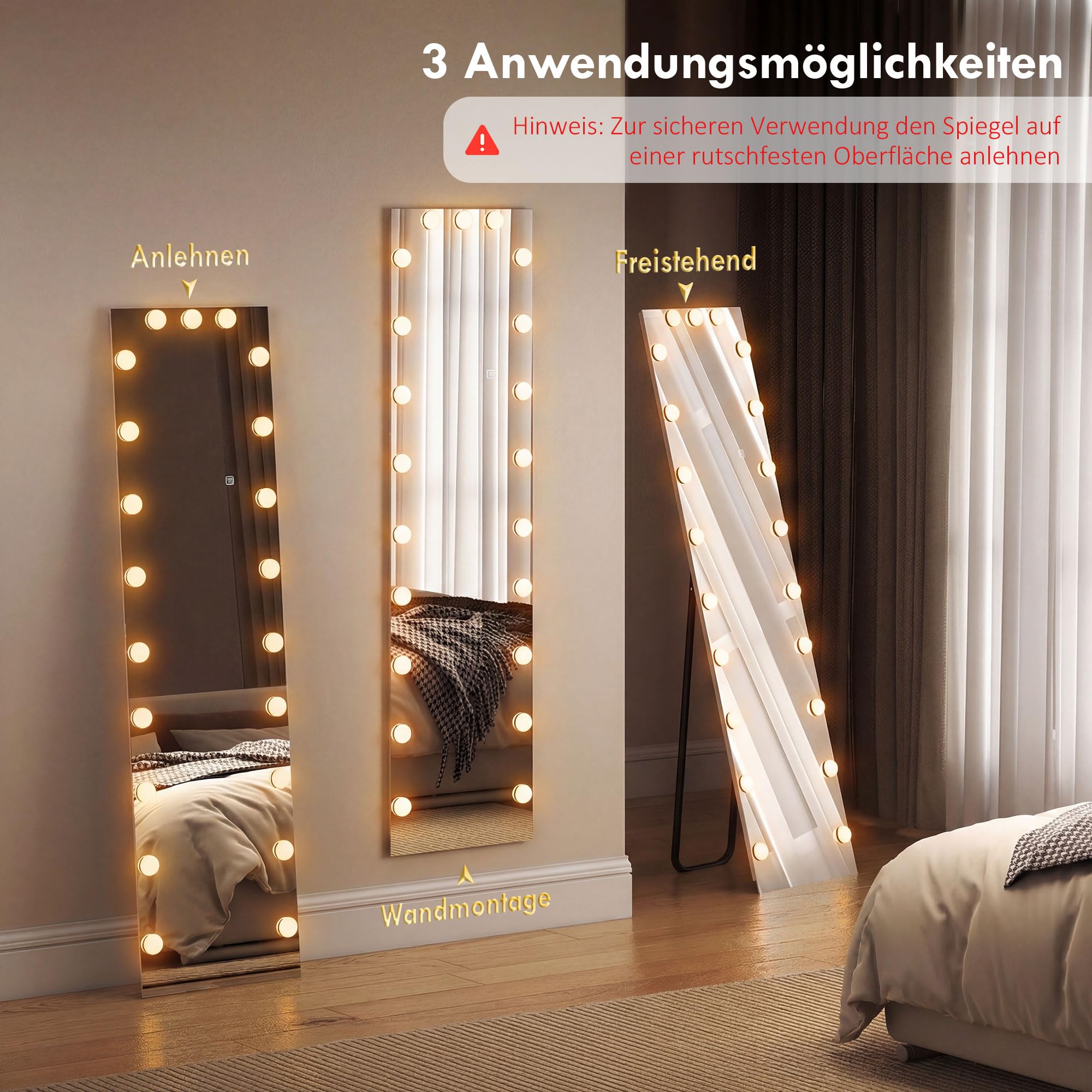 HOMCOM Ganzkörperspiegel 150 x 40 cm RGB-LED Standspiegel mit 21 Glühbirnen 7 Lichtfarbe Hollywood Wandspiegel mit Touch-Schalter, Memory-Funktion anlehnbar Spiegel für Schlafzimmer Wohnzimmer