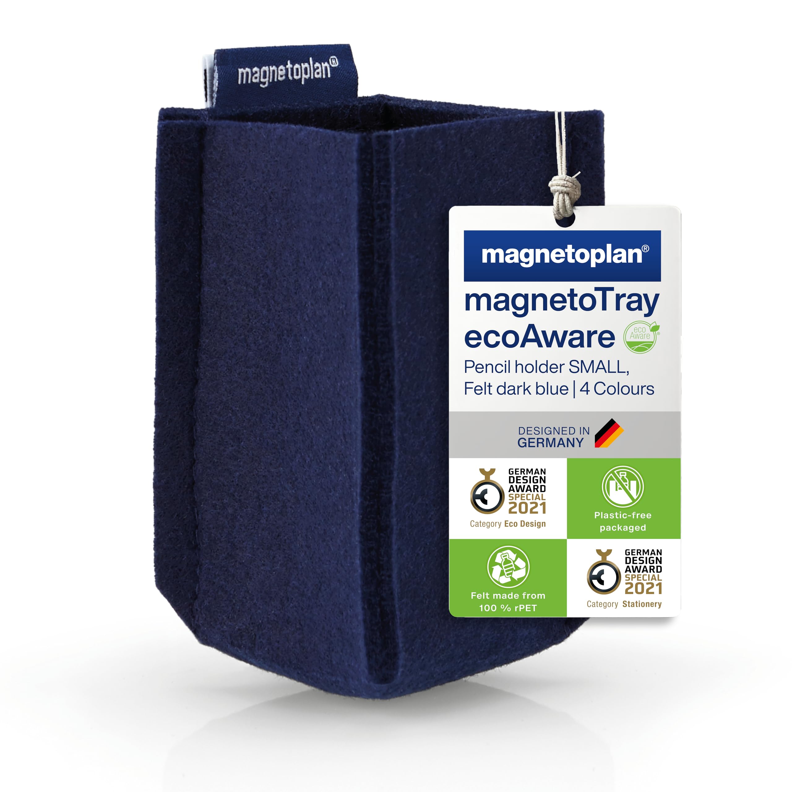 magnetoplan magnetoTray ecoAware, Blue Magnetic Desk Organiser Made of 100% PET Felt, W x H x D 60 x 100 x 60 mm, Pen Holder for Office Supplies, Blue Pen Box, Recycled PET Bottles