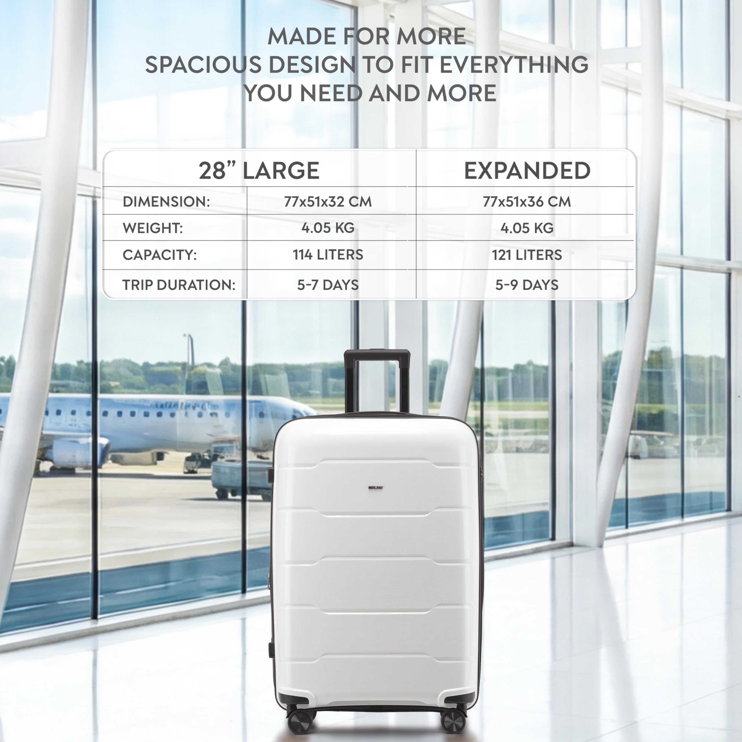 CRUW Large 28" Checked Luggage 77x51x32cm + Expandable Hold Baggage (114/121 Liters) Polypropylene Suitcase TSA Approved Lock 8 Silent Spinner Wheels Lightweight Suitcases Airline-Approved Travel