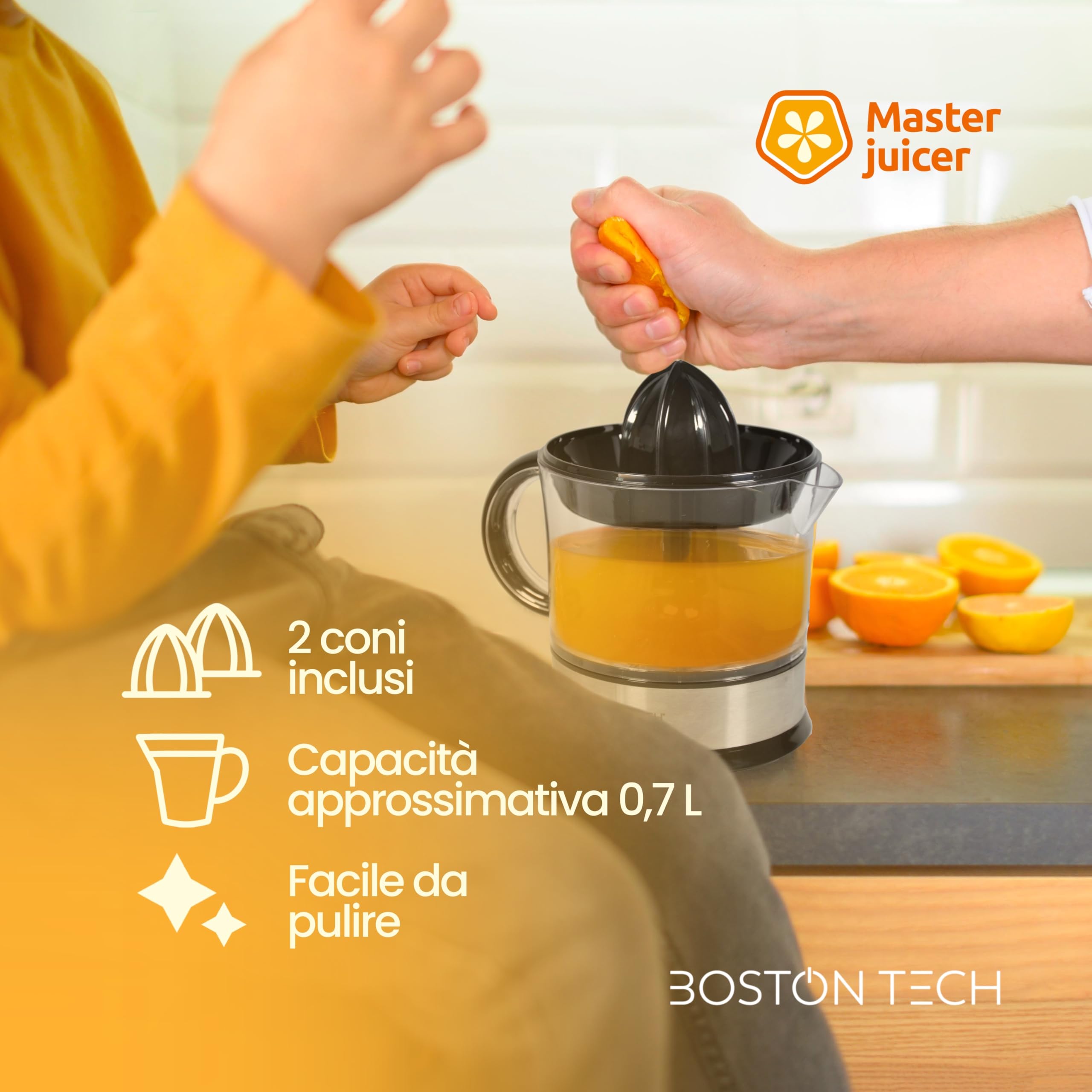 MasterJuicer: Spremiagrumi Elettrico | 700 ml, Rotazione Bidirezionale, 40W | 2 Coni, BPA Free, Antigoccia e Adatto per Lavastoviglie | Marca Europea Eco-Friendly