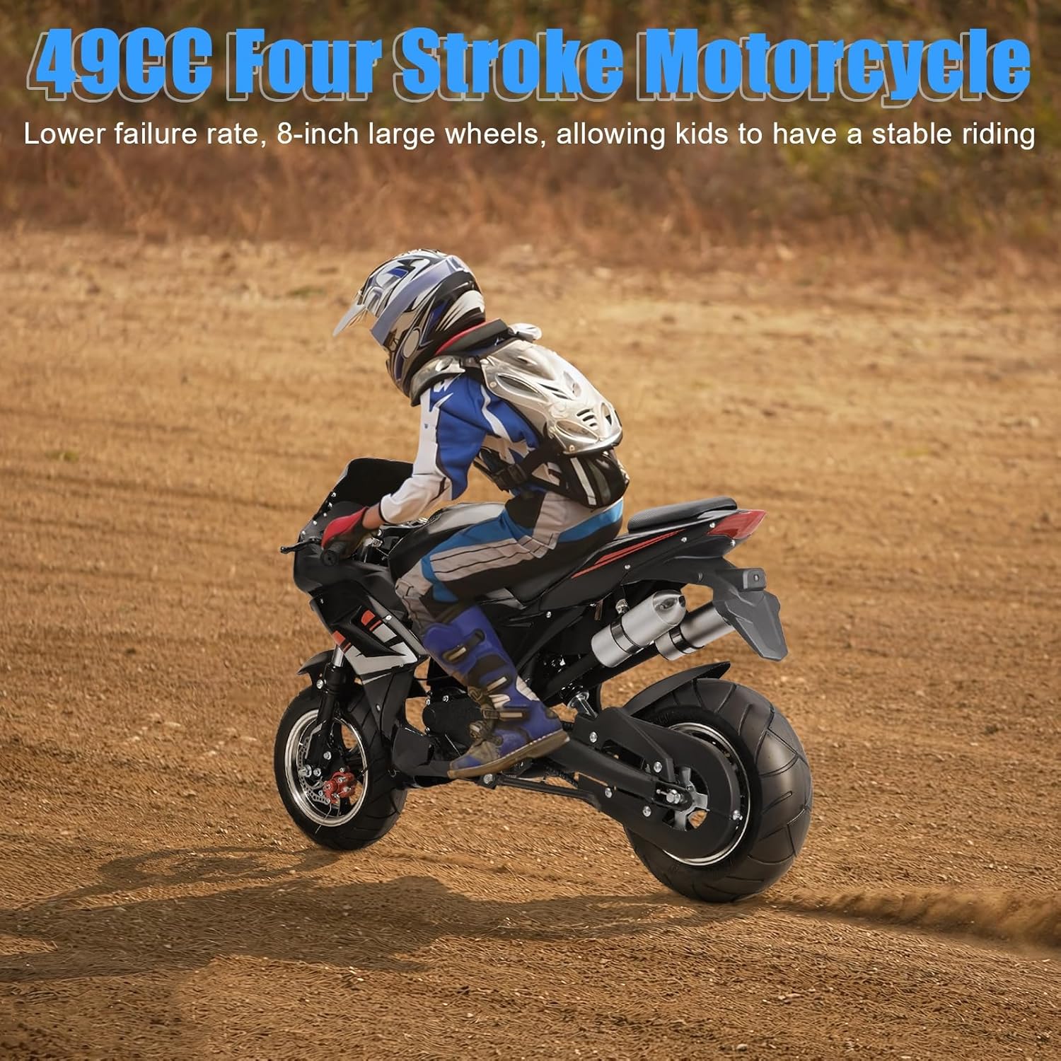 50cc Dirt Bike Mini Bike 4-Stroke Pocket Rocket Motorcycle, 8 Inch Wheels Mini Motorcycle, Gas Pocket Motorbike with Front Rear Disc Brakes, Dual Headlights, Premium Material Black