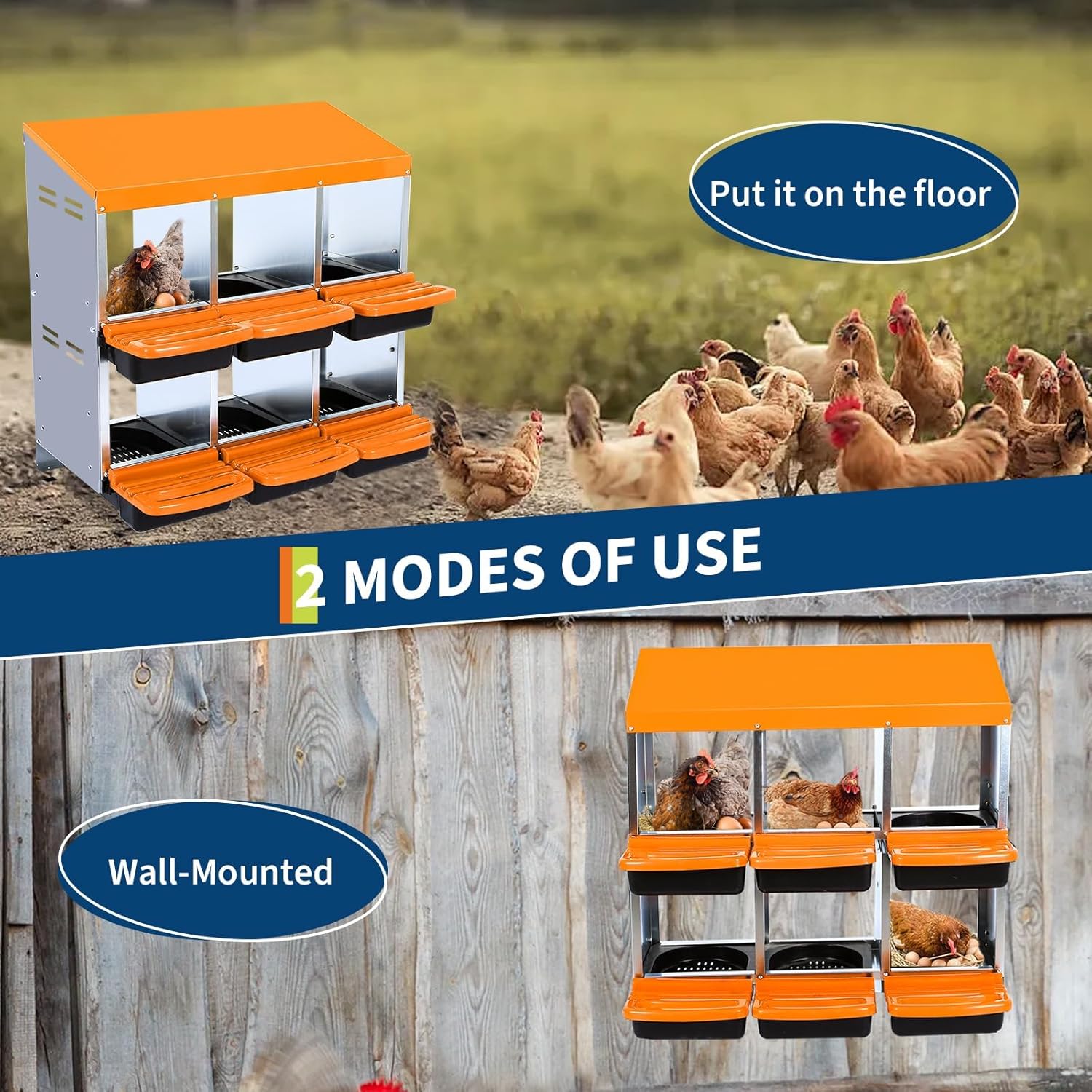 2 Tier Metal Chicken Nesting Boxes Durable with Rollout Egg Collection, 6 Hole Chicken Egg Laying Box with Large Ventilation Holes for Chicken Coop, Orange(Without Stand)