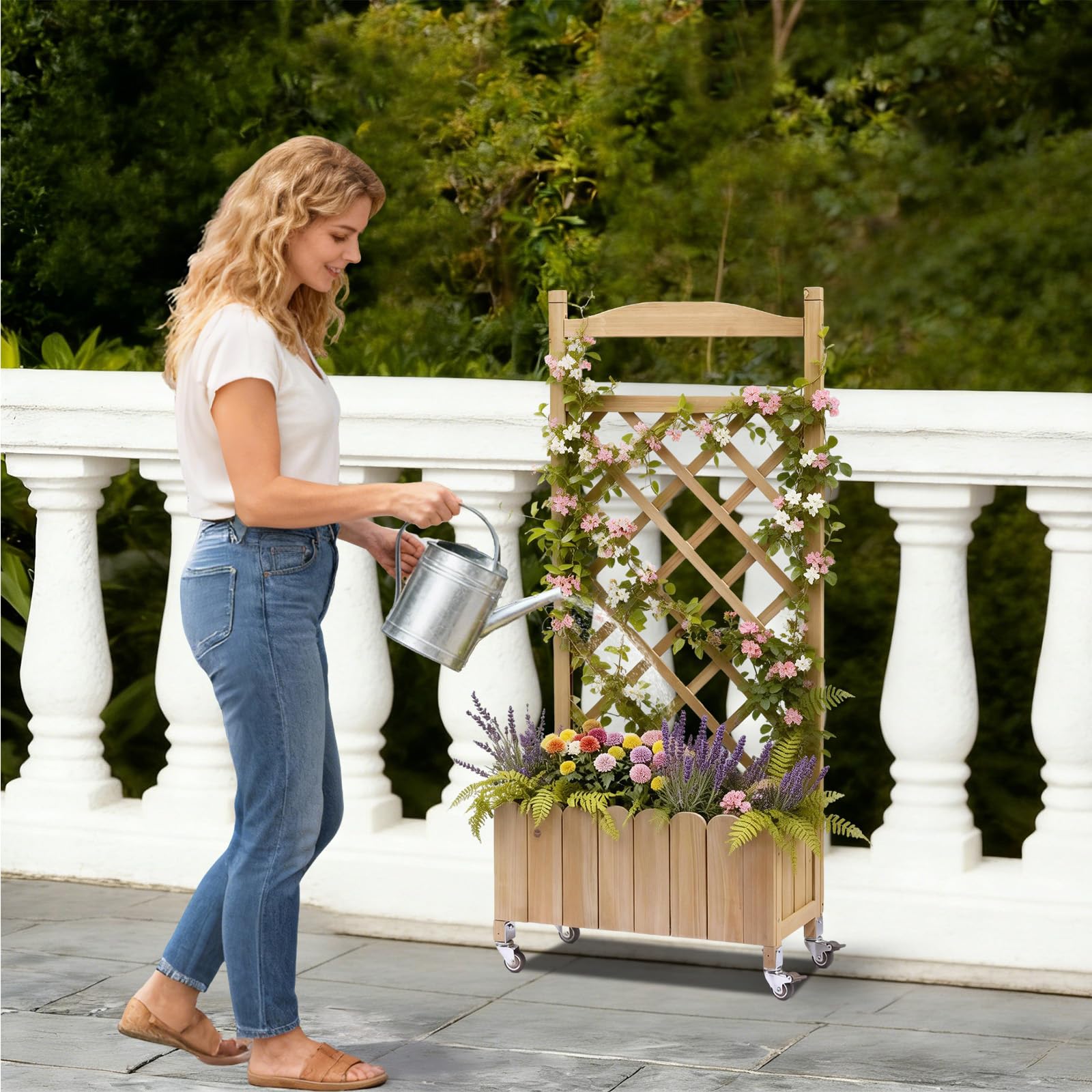 Fioriera in legno con grigliato e ruote, rialzata, resistente alle intemperie con fori di drenaggio, per giardino, balcone e terrazza, 49 x 28 x 116 cm – Marrone chiaro
