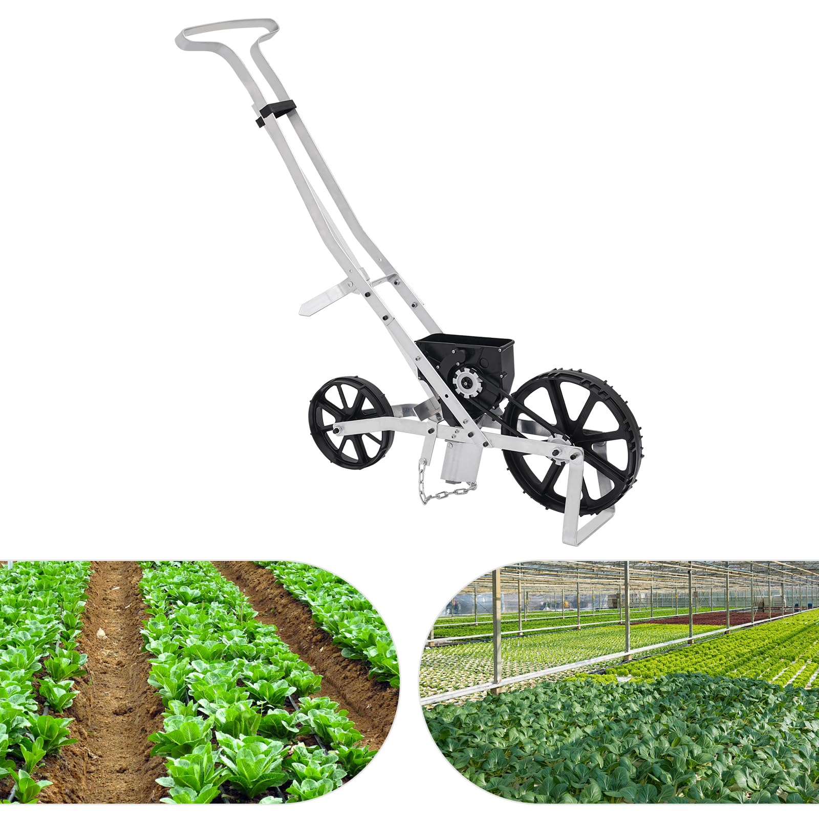 Sembradora manual de aluminio, colador de tambor de guisante, para fertilizante de guisantes con ruedas, fertilizante para césped, adecuado para patios, campos
