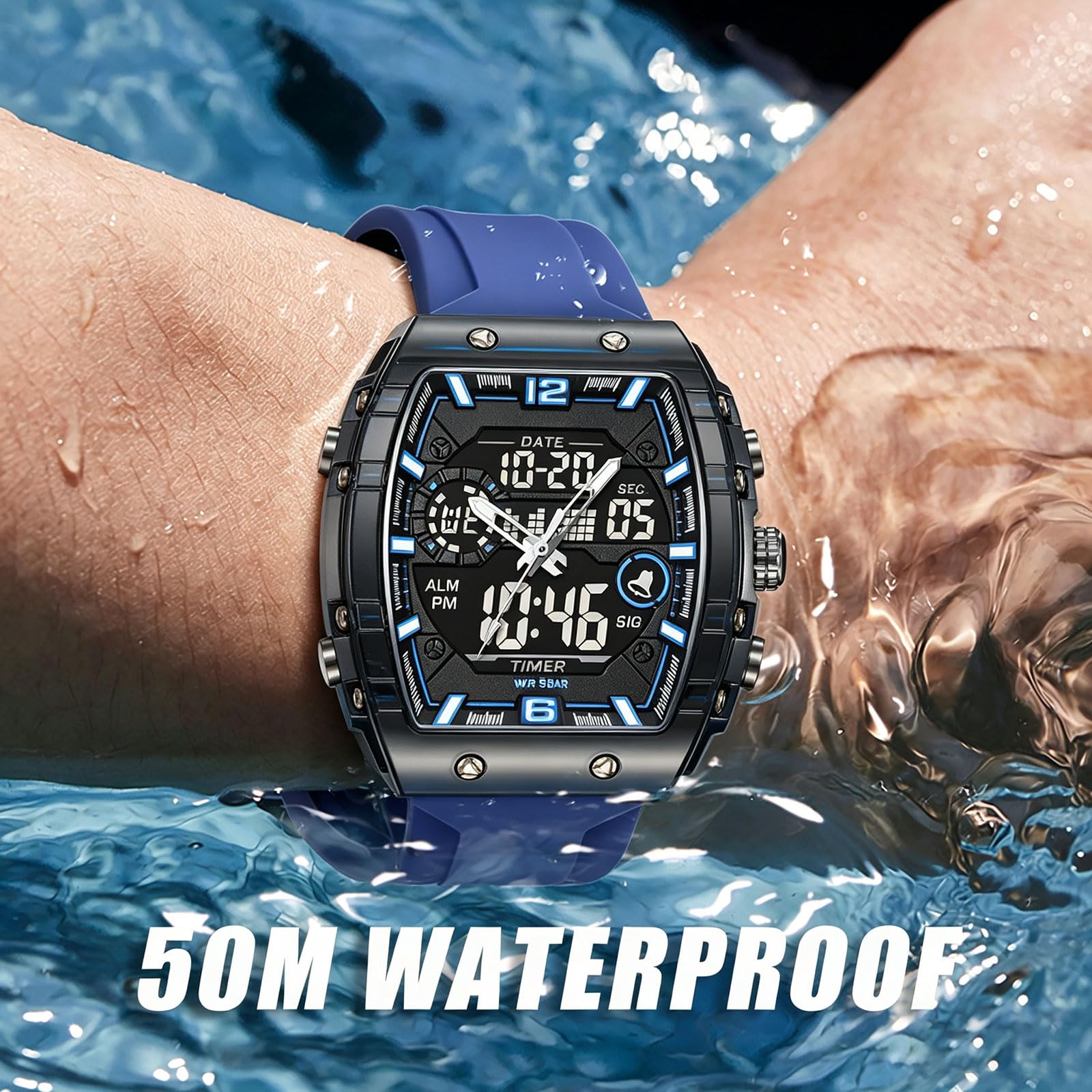 findtime Herren-Armbanduhr, Sport, einzigartig, digital, analog, wasserdicht, für Männer und Frauen, Stoppuhr, Alarm, coole Chronograph-Uhr, Silikonband, Armbanduhr, transparent, großes rechteckiges
