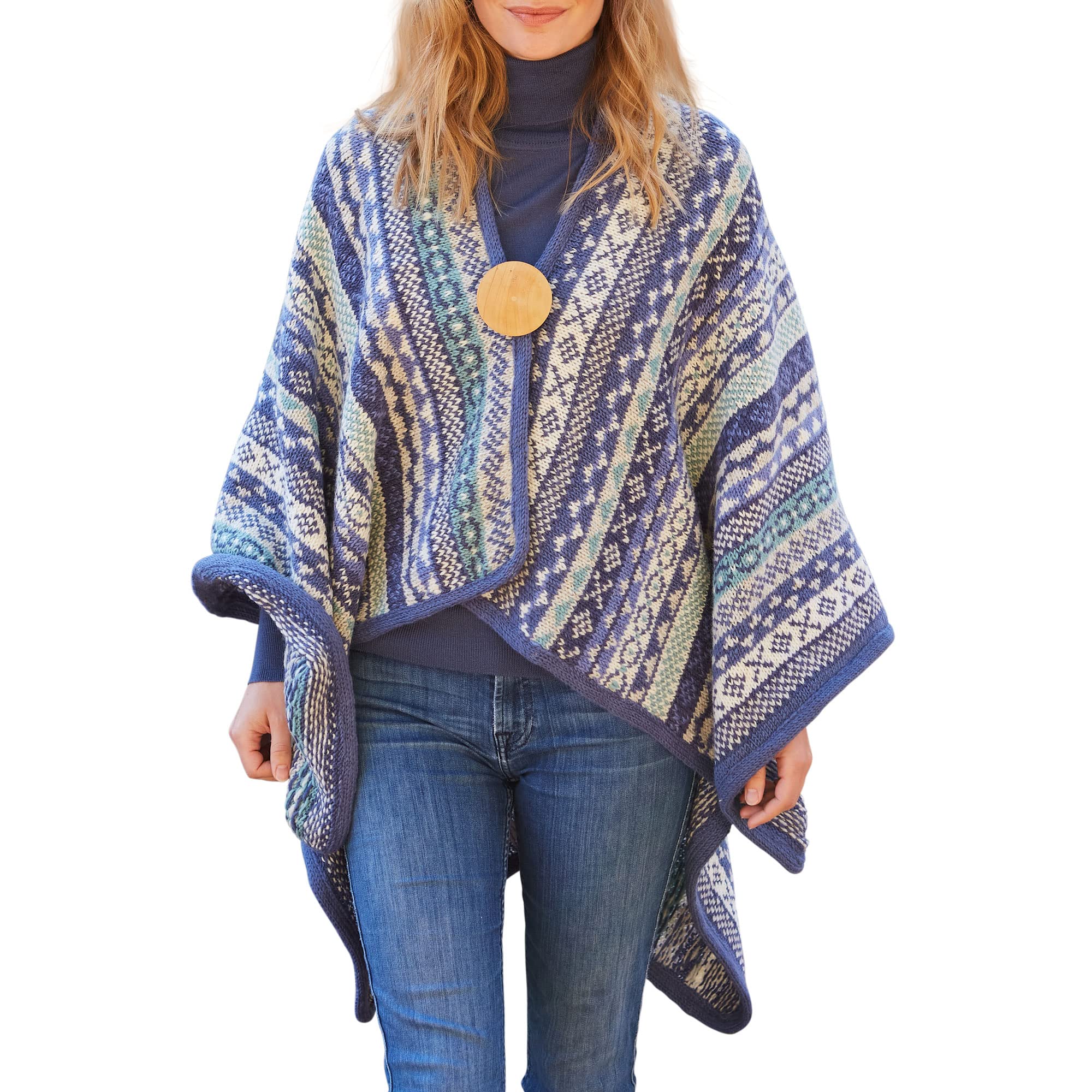 Pachamama Women Wool Wrap Handknitted Traditional Fair Isle Handmade Extra Warm Shawl Fair Trade (Denim)