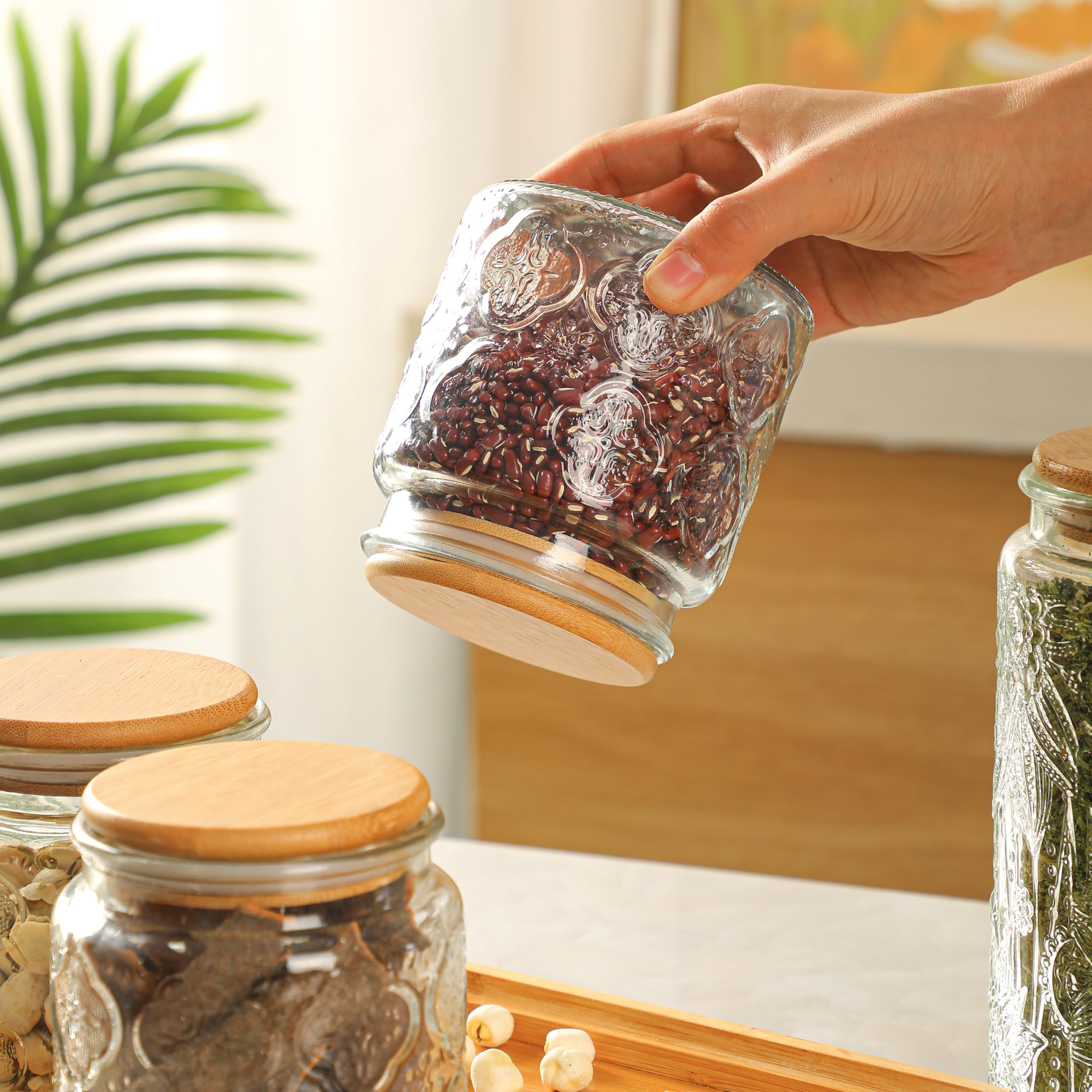 Danmu Art Tea Coffee Sugar Canisters Sets Glass Jars with Lids Set of 3 Glass Airtight Storage Jars with Bamboo Lids (Begonia, 500ml) - Image 3