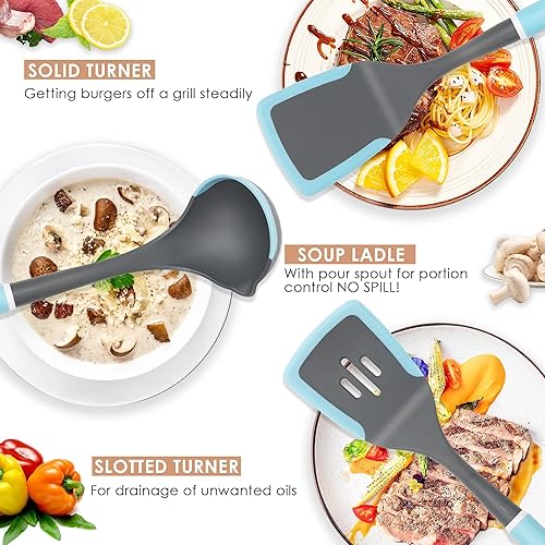 Miniatura 5 de Juego de utensilios de cocina de cocina, juego de espátula antiadherente con soporte giratorio, juego de 6 utensilios de silicona para cocinar,