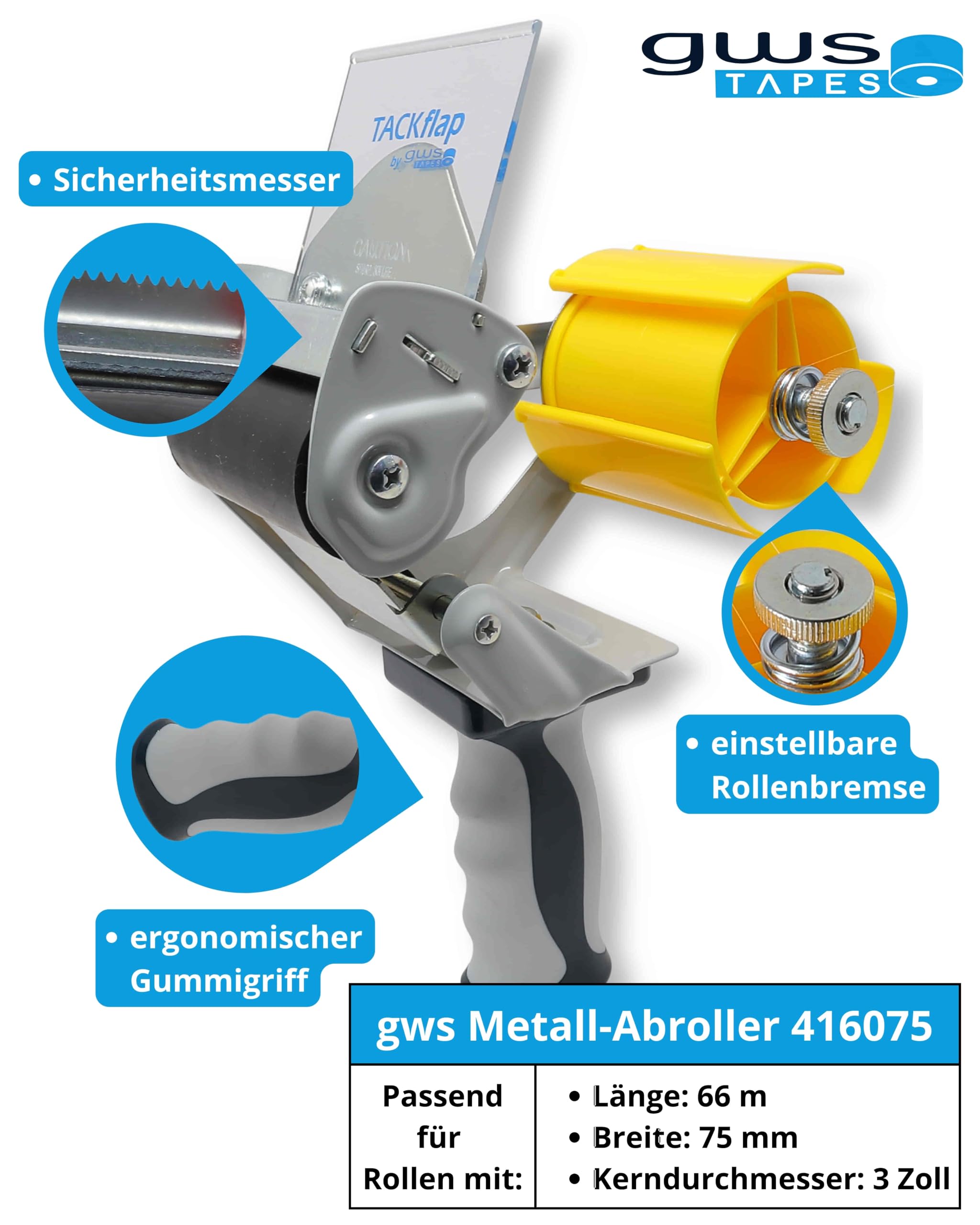 gws Dispensador de cinta adhesiva profesional con marco de metal estable, hoja de seguridad y mango ergonómico de goma (2 dispensadores, para rollos de hasta 66 m x 75 mm)