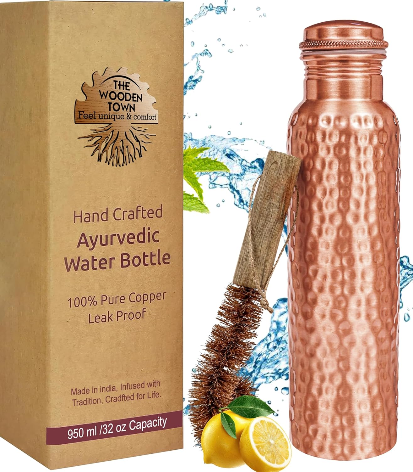 Copper Water Bottle,Hammered Ayurvedic Pure Copper Bottle With Brush For Drinking - Drink More Water, Lower Your Sugar Intake And Enjoy The Health Benefits Immediately 32 Oz (950 ml) Extra Large