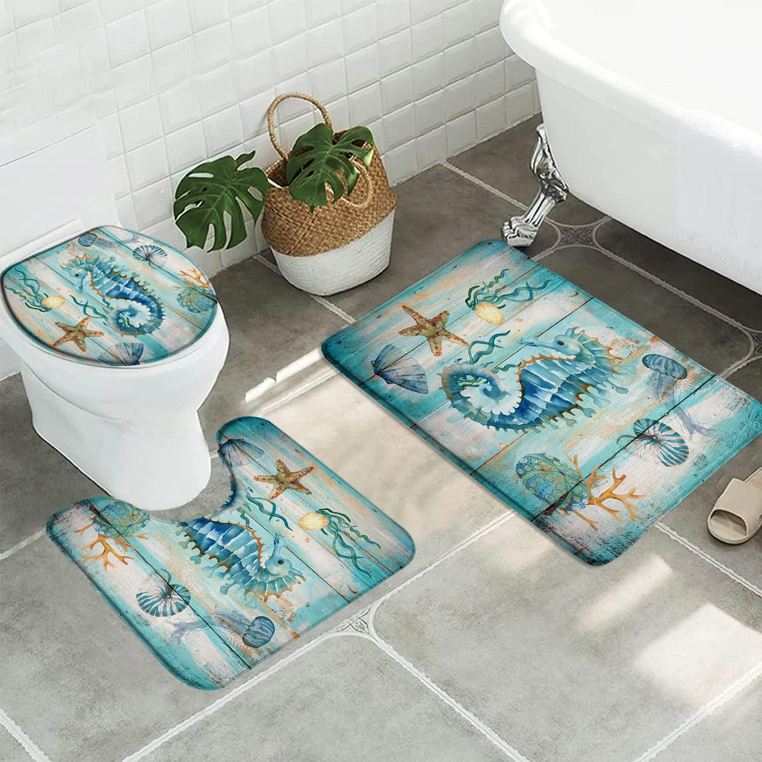 Guangzhoutongyidianzishangwuzhongxingerenduzi Doormat 341 3 Pieces Bath Mats Nautical Seahorse Vintage Teal Beach Watercolor Tropical Sea Animal Marine Creature Blue Wooden Toilet Rugs Set Durable Bath Floor Rug Non Slip Sets Bath Rugs
