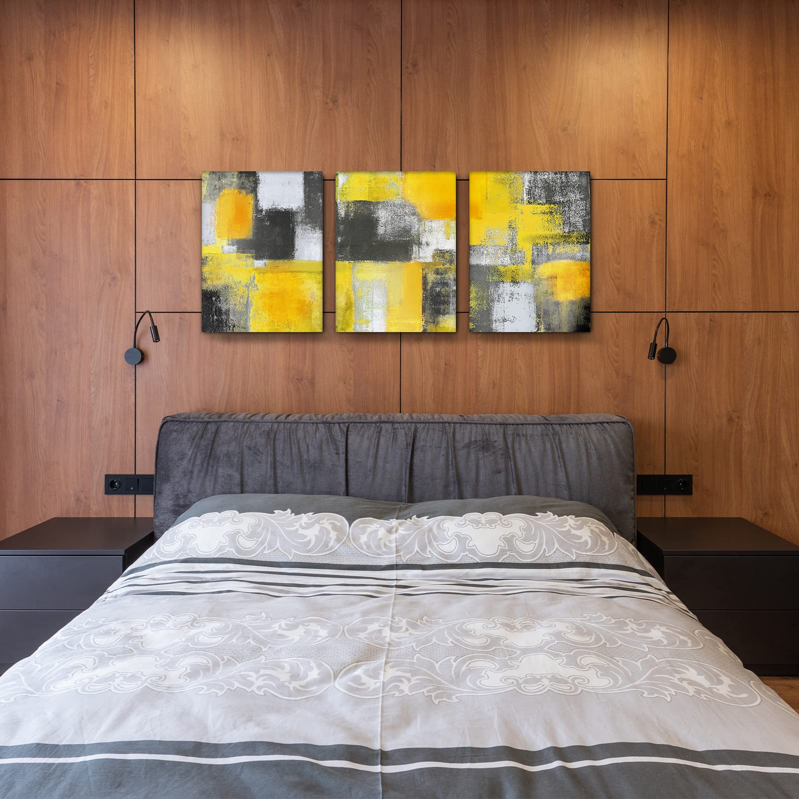 Abstract Canvas Yellow Wall Art Geometric Decor Gray Paintings, Ready To Hang, Home Decoration Prints Framed Poster Color Blend Artwork for Bedroom Living Room Office 3-piece set (12" x 16")