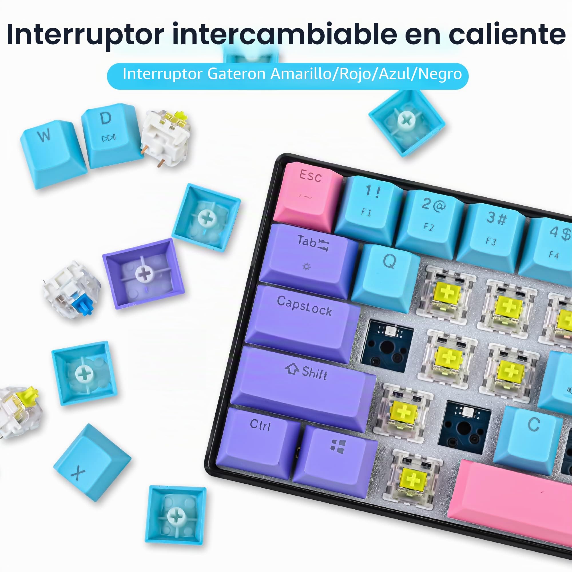 SOLIDEE 60% Teclado mecánico Gaming Wired/Bluetooth 5.0 Teclado de doble modo,teclados de RGB retroiluminado LED,61 teclas Teclado intercambiable en caliente con Interruptor amarillo Gateron(61 Joker)