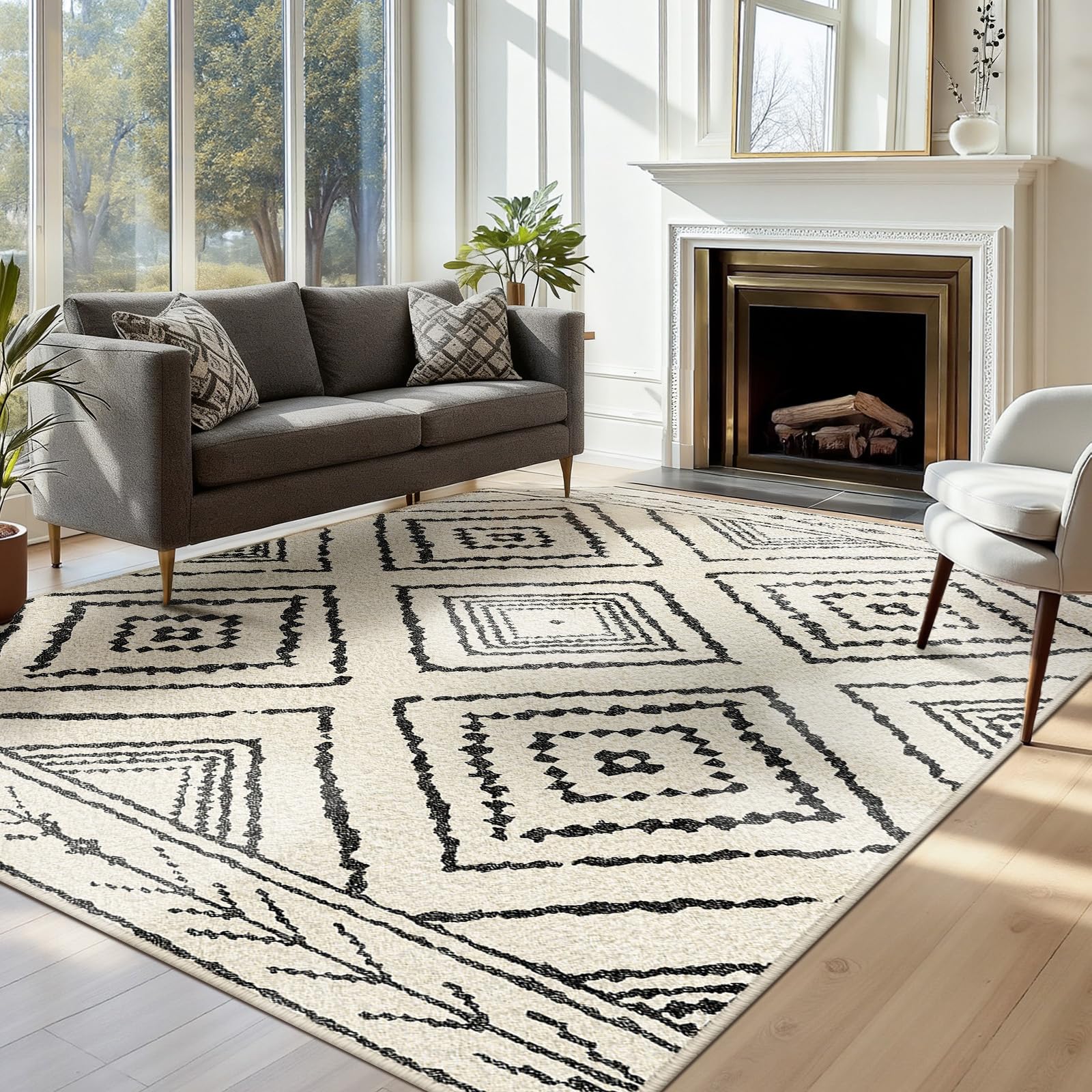 DEFYNEE Teppich Wohnzimmer, Waschbarer Teppich Läufer, Kurzflor, rutschfest, Pflegeleicht, Vintage & Boho Rug für Hund, Flur, Küche, Korridor