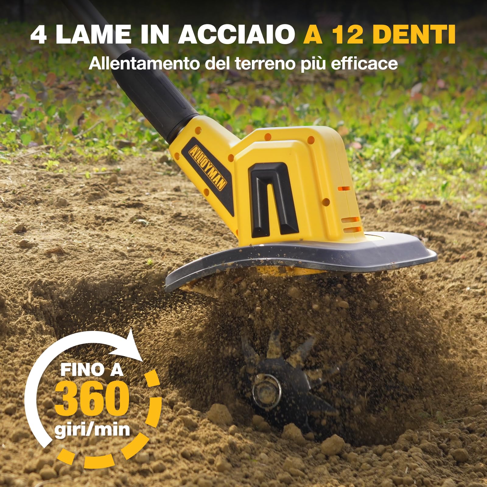 Alloyman Motozappa elettrica da 20V, fresa da giardino, batteria da 360 giri/min, con 2 batterie da 4,0 Ah e caricabatterie, larghezza di lavoro 23 cm, profondità 17 cm, Motozappa per terreni