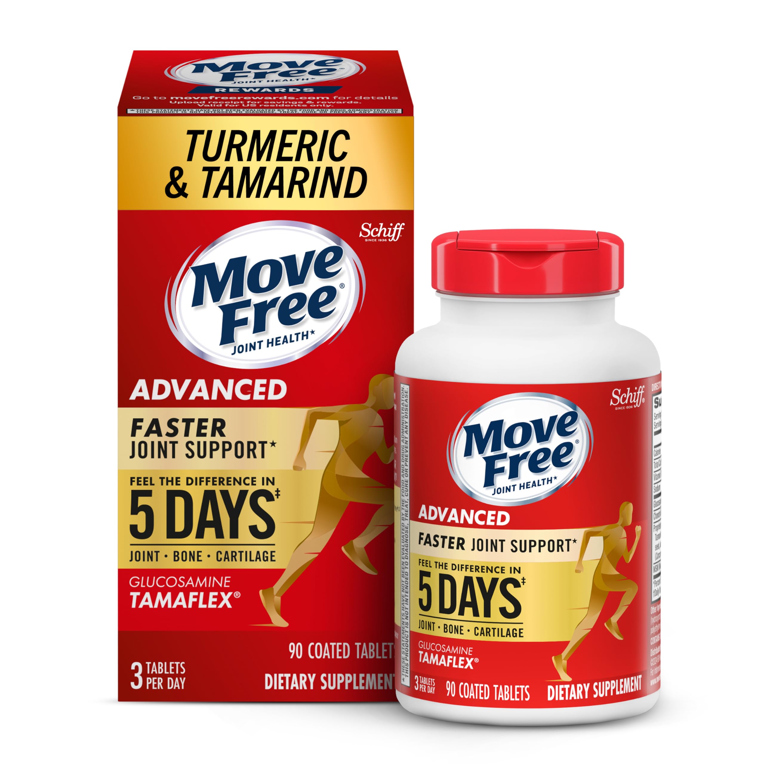 Move Free Advanced 5-Day Joint Support Supplement with TamaFlex (Turmeric & Tamarind), Glucosamine, & Vitamin D3 for Joint Health, Bone Strength, Cartilage, and Knee Range of Motion. 90 Count