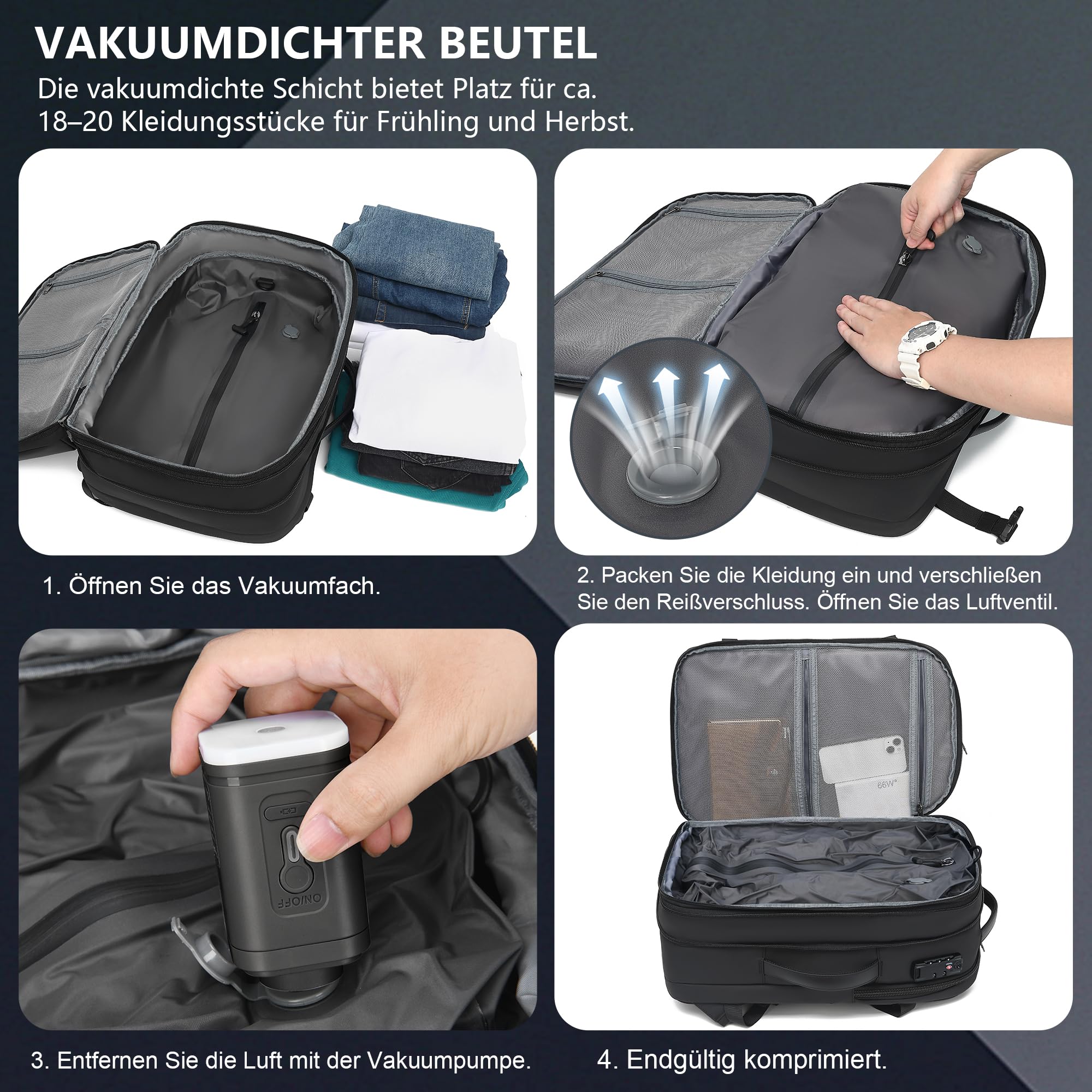 Zaino da viaggio sottovuoto, zaino espandibile a compressione sottovuoto da 60 litri, zaino impermeabile per laptop con lucchetto TSA e pompa a vuoto,nero